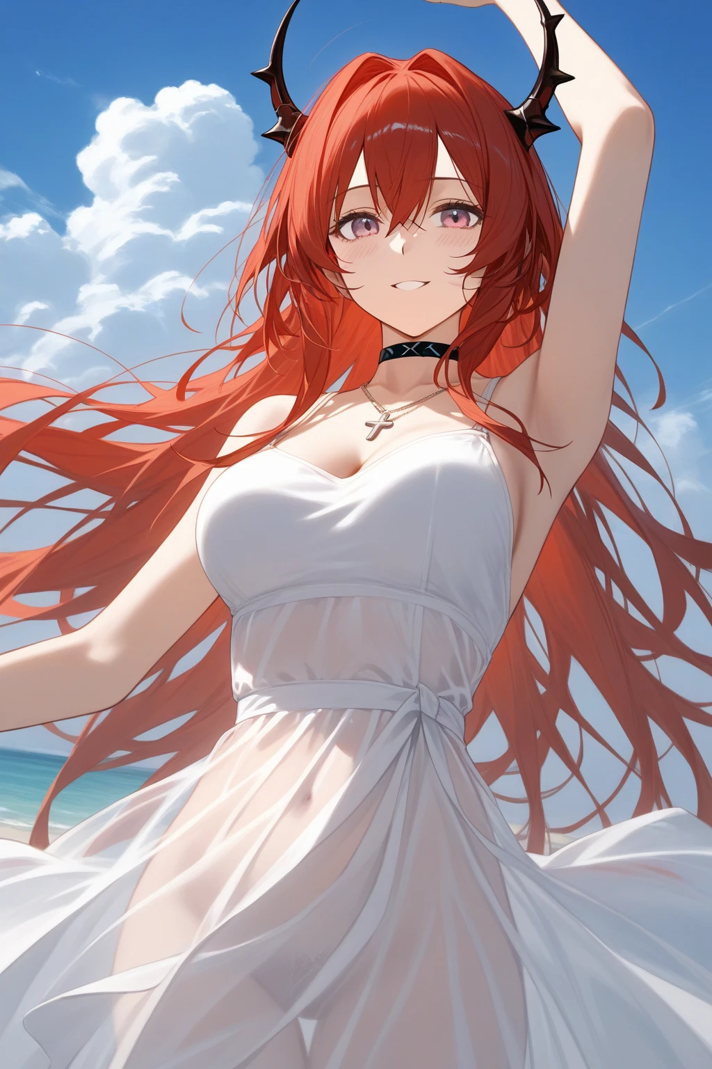 Anime girl, white lace bikini, orange hair, happy, sky