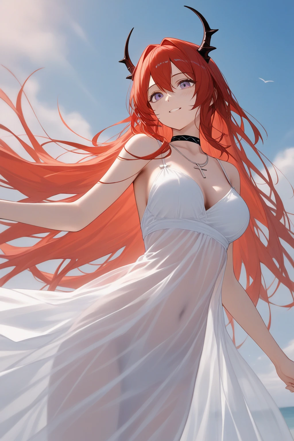 slingshot swimsuit, Anime girl, girl in gorgeous sparking dress, night out, lights from the city, looking cute, looking gorgeous, hourglass body, perfect size ass, perfect size breasts slightly poking from the side, side boob, dress in random color, picture till her knees, anime settings, open eyes, perfect face, red hair, in a dazzling gold dress with sequins, a beach at sunset, glowing horizon, gentle waves, atmosphere of tranquility and charm, peaceful yet enchanting, 3D Artwork, rendered with Unreal Engine for realistic lighting and detail,