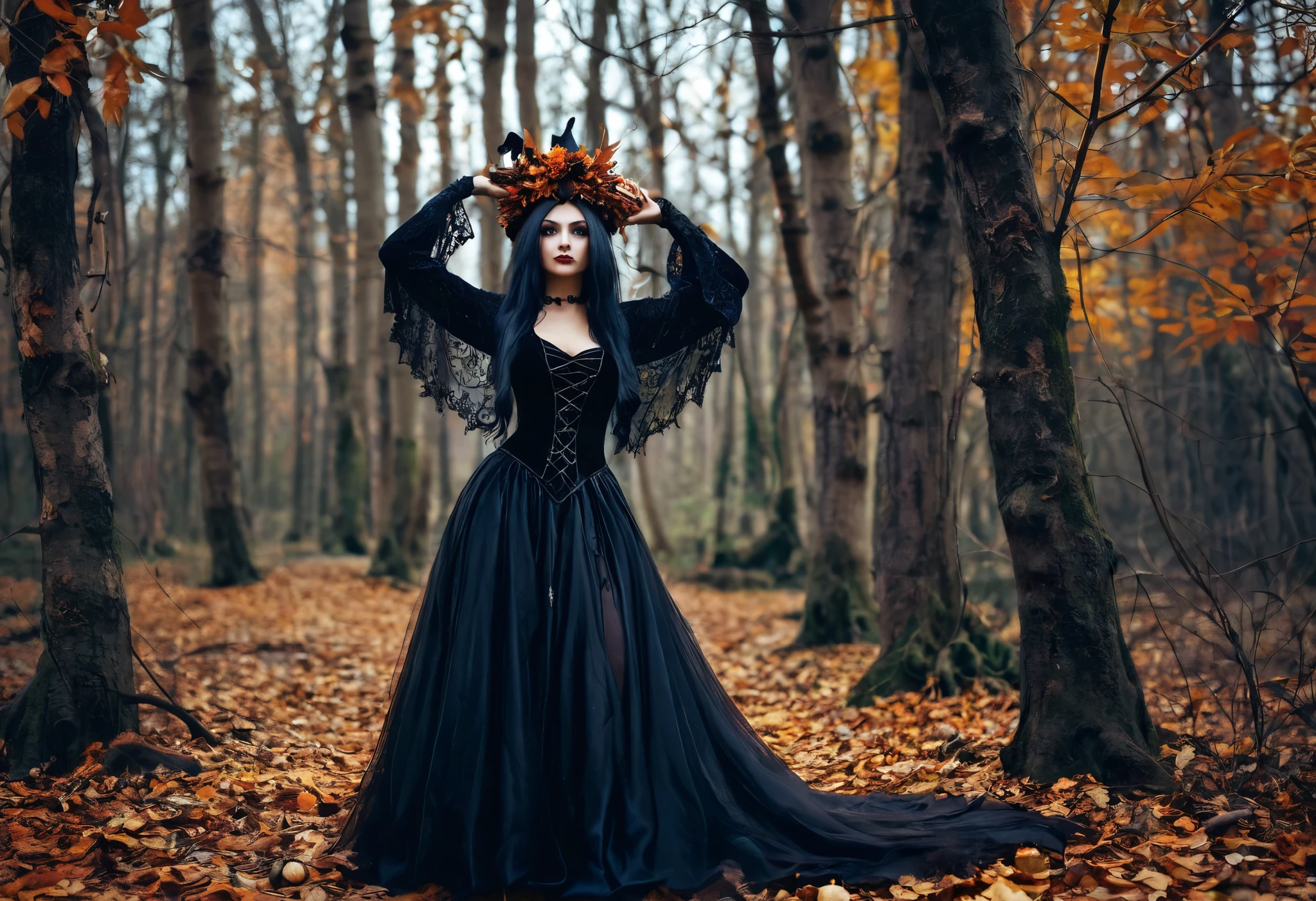 uma imagem de uma fada demoniaca ,ruiva de mechas pretas com asas pretas de borboletas fazendo pose de corpo inteiro ,Gothic dress black vampire teeth detailed image high defined 8k