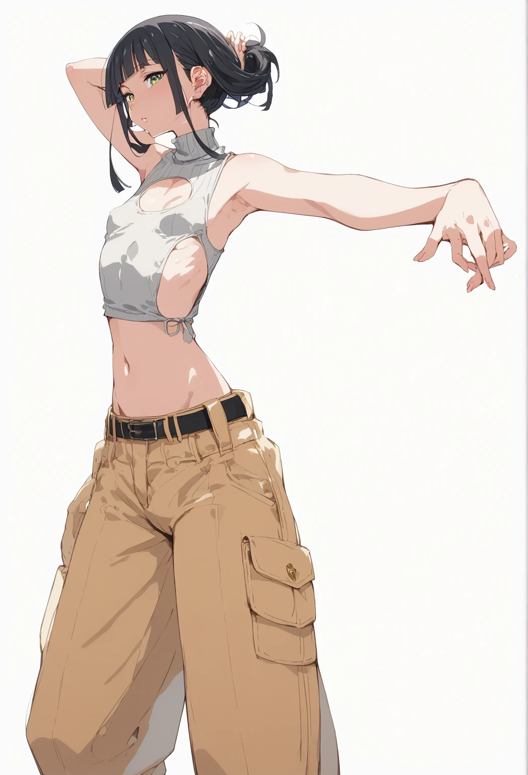 Pussy、Revealing clothing,Focus on your audience,mischief,The sides of the upper body are completely exposed,側面が完全に空いているデザインのSleeveless turtleneck,Exposed from the sides to the chest,Protruding ribs,Exposing the waistline,Ultra low rise with crotch exposed,Do not wear underwear、胸元が開いたデザインのSleeveless turtleneck,Exposed breasts､exposed flank,sexy,Flat Chest,Focus on your audience,very thin body,Anime Style,Slim figure,delicate,Glasses,Asian woman posing in a grey top, Sleeveless turtleneck_baggy, 脇が完全に開いているSleeveless turtleneck_Relaxed back design,rib cage,Side bust,Shoulders are wide open,sexyなWearing a crop top, Photos of slim models, Chiho, T-Top, shikamimi, Wearing a crop top, Real anime, Kurohime cut hair, Chassis, 2 4-year-old female model,Pale color background,Hamiman,Khaki trousers,Pussy