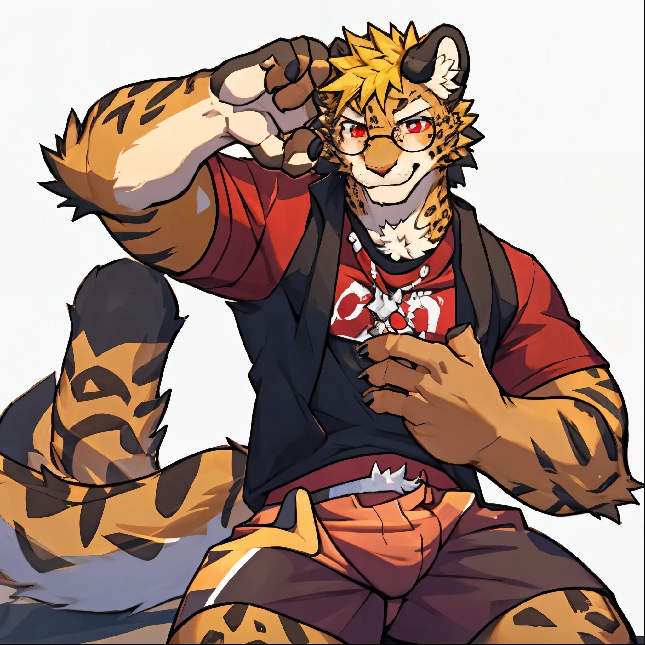Minimalist,Wearing glasses, blushing, boy,Golden fur,Golden hair,Leopard, red eyes,Wear short sleeve shorts