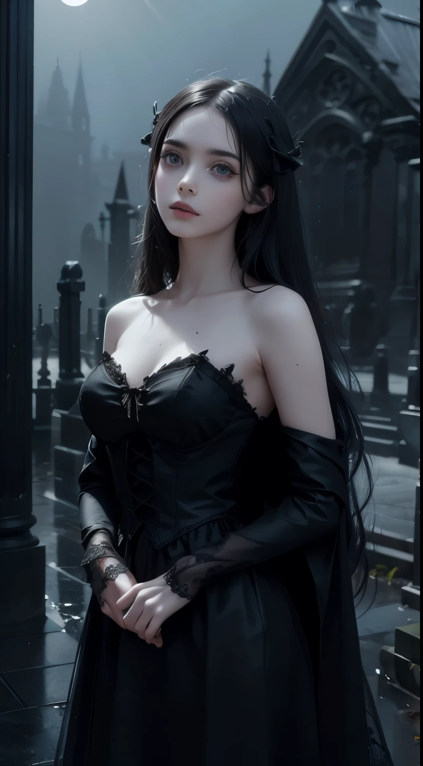 (Best quality,4K,8K,A high resolution,Masterpiece:1.2),Ultra-detailed,(Realistic,Photorealistic,photo-realistic:1.37),Gothic girl standing in the cemetery at night,Beautiful detailed eyes,Long eyelashes,Pale skin,Dark hair,Black clothing,Moonlit landscape,Gothic architecture,Dramatic shadows,mystical ambiance,Subtle fog,a dark and eerie atmosphere,hauntingly beautiful,Vivid colors,dim murky lights,Atmospheric portrait,Emotional expression,Tim Burton inspired style