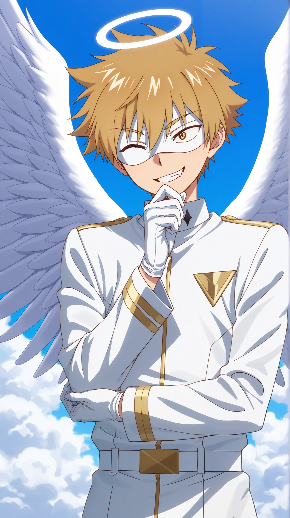 Full pure White hero masked men anime, solo, male focus,white angle uniform,white mask,white eye mask,glove,angel,1boy,mysterious grin,fang out,male focus,big white angel wing,angel halo,golden eye,day sky clouds heaven bankground,inuzuka shuu, blonde,thinking pose,stylish pose,male focus,playful,giggle,laughing,