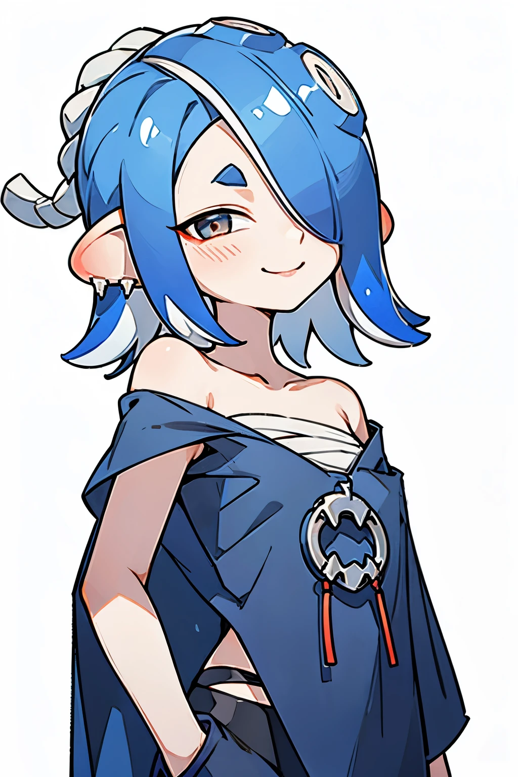inkling hair , best quality , masterpiece, no background 、 Simple Background 、 1 girl, smiles, closeup , solo, looks、 Blue Hair、 hide my eyes with bangs