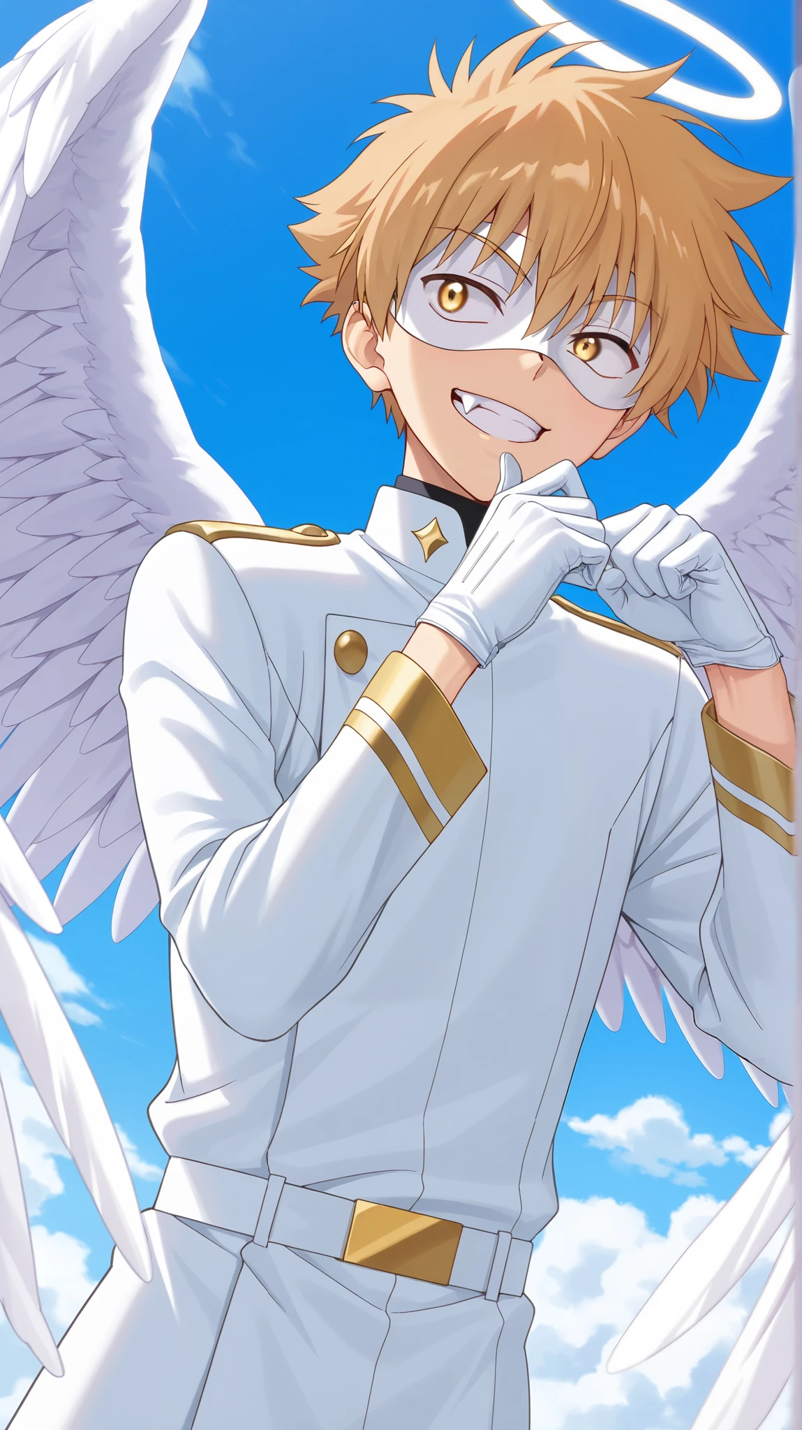 Full pure White hero masked men anime, solo, male focus,white angle uniform,white mask,white eye mask,glove,angel,1boy,mysterious grin,fang out,male focus,big white angel wing,angel halo,golden eye,day sky clouds heaven bankground,inuzuka shuu, blonde,thinking pose,stylish pose,male focus,playful,giggle,laughing,