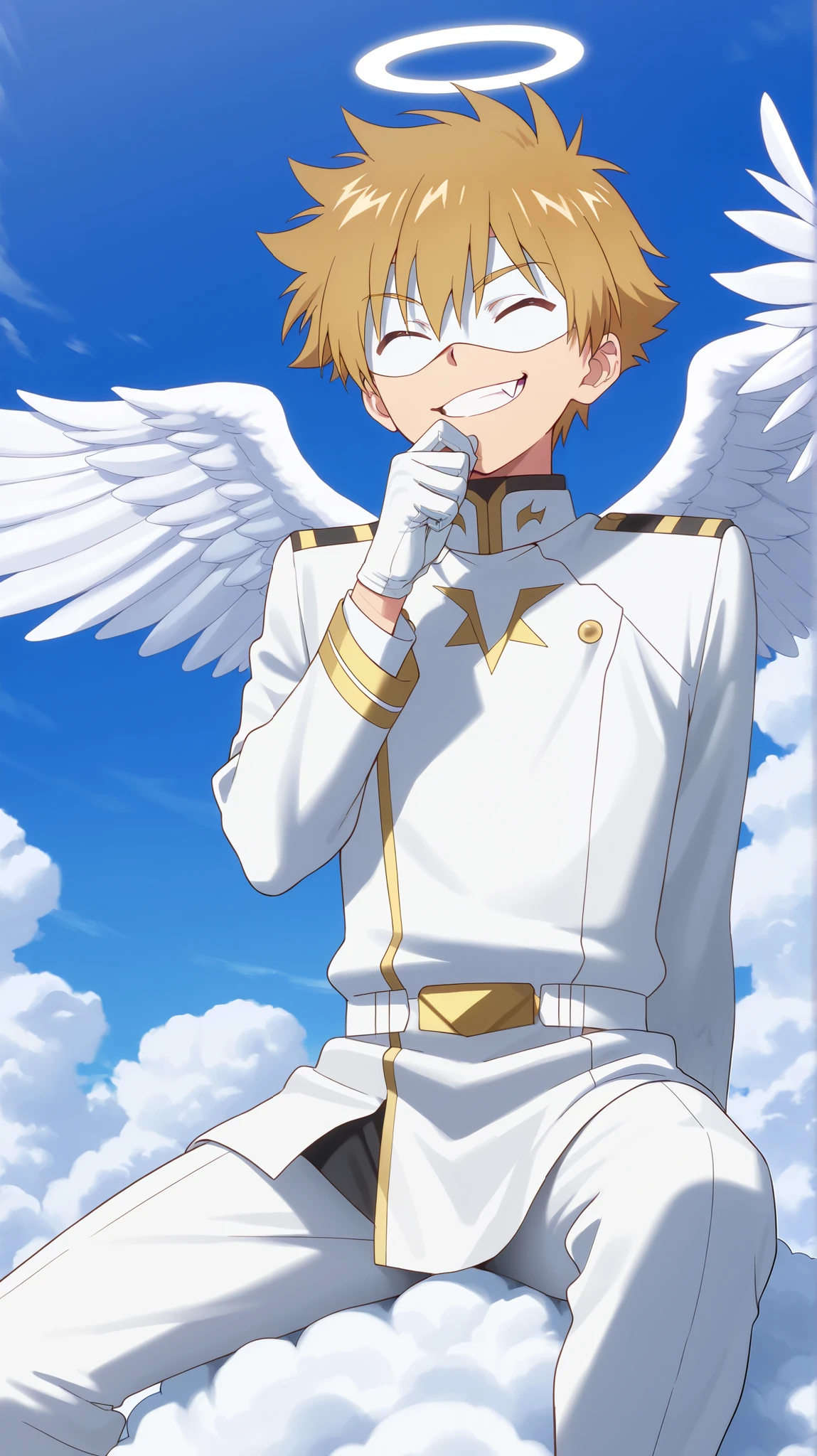 Full pure White hero masked men anime, solo, male focus,white angle uniform,white mask,white eye mask,glove,angel,1boy,mysterious grin,fang out,male focus,big white angel wing,angel halo,golden eye,day sky clouds heaven bankground,inuzuka shuu, blonde,thinking pose,stylish pose,male focus,playful,giggle,laughing,sitting on clouds,