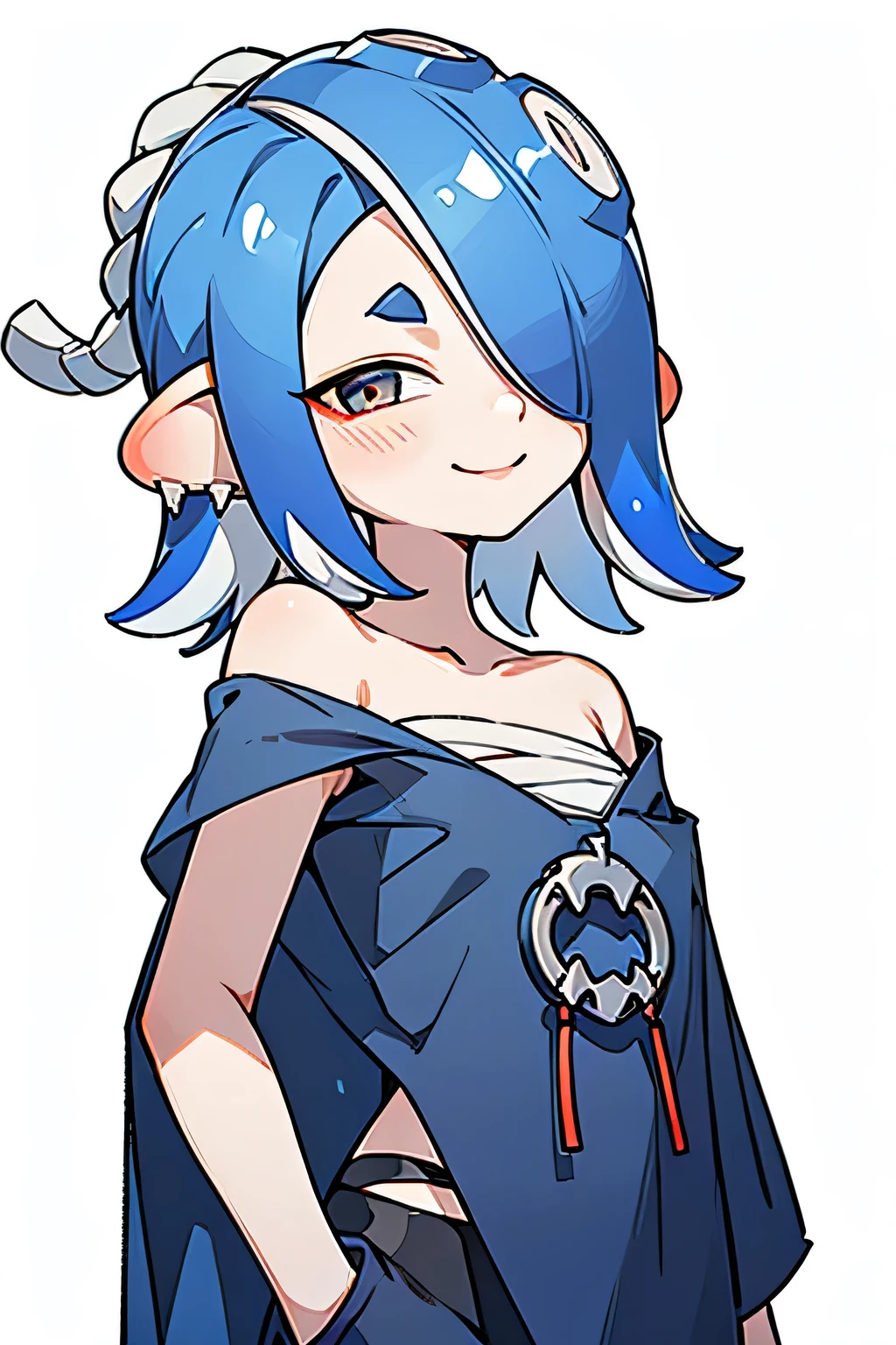 inkling hair , best quality , masterpiece, no background 、 Simple Background 、 1 girl, smiles, closeup , solo, looks、 Blue Hair、 hide my eyes with bangs