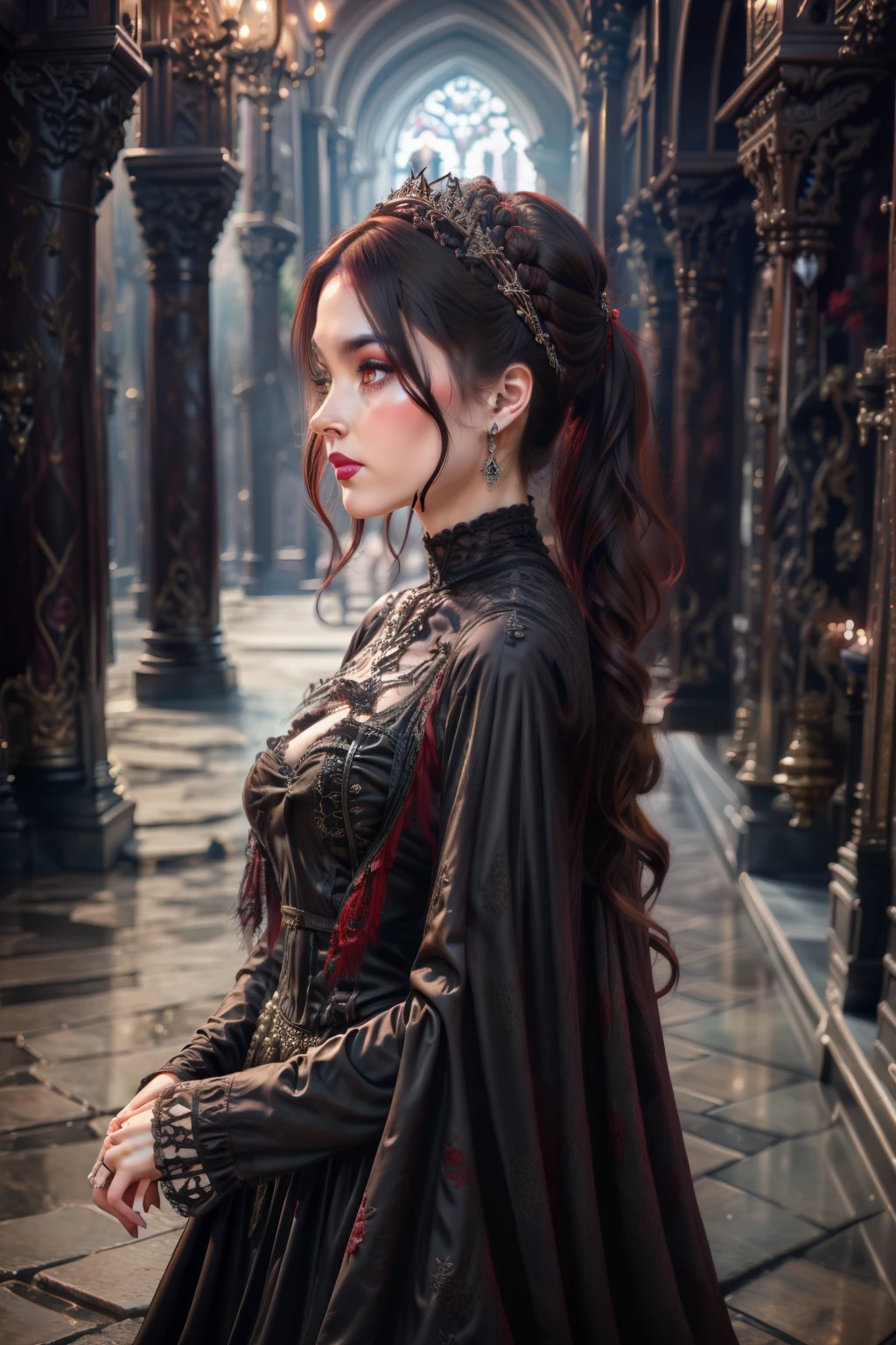 (RAW photo, best quality), (gothic aesthetic:1.1), best quality, extremely detailed, masterpiece, ultra-detailed, illustration, 1girl, full body, side view, eerie atmosphere, gothic cathedral, grey and black color palette, point of view from above, intricate gothic patterns, intricately designed clothing, high contrast lighting, brooding expression, long, wavy, black hair, red lips, sharp focus, foggy background, 4K resolution, cinematic lens, gothic roses, velvet textures, detailed eye make-up, fine beaded jewelry.