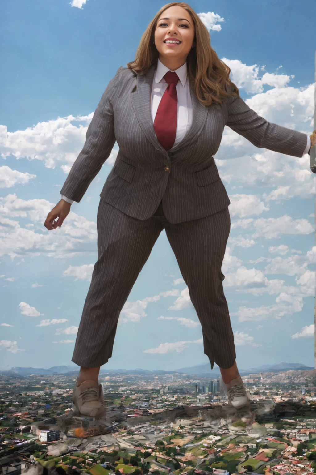 , giga, 100 miles tall, standing on top of a city, in the middle of a city, young adult, curvy, a pair of huge breasts, slim, light grey pinstriped suit，white tailored shirt, large Windsor knot red tie, Has blonde waist-length hair，Wearing a pair of red platform heels，distance shot, A look of enjoyment, Beautiful appearance, smile, view from space, giga giantess