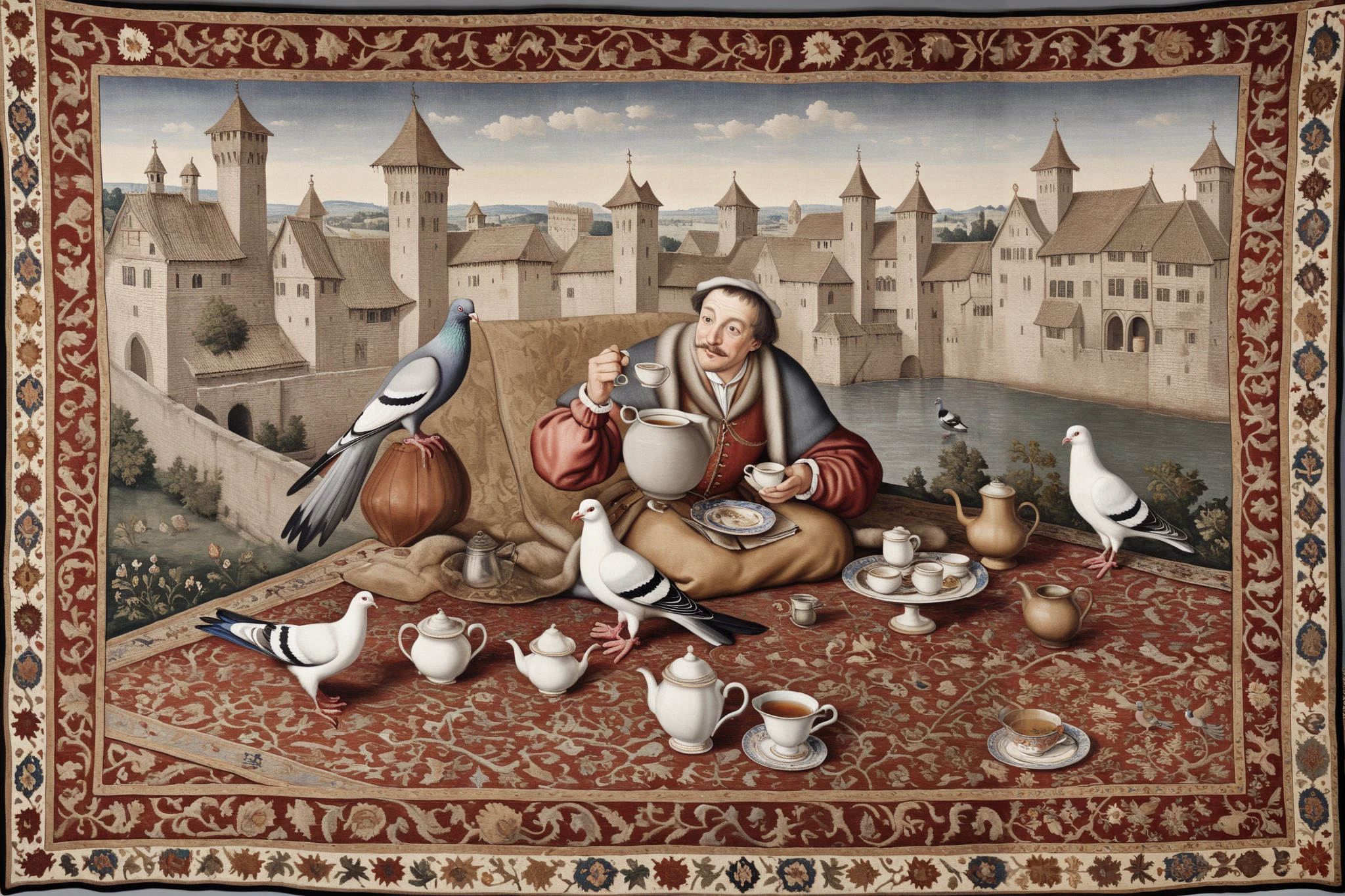 Europe、pigeon、Man drinking tea, medieval carpet style , Hyperrealism, 1600s, more details