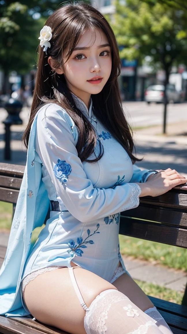 ((16k，super highest quality，Ultra-high resolution，masterpiece，Realistic，Realistic，Very detailed))，Young and adorable 16 year old〜20 year old girl，((Seamless Ultra-thin All-through Pantyhose，Ultra-thin seamless pantyhose, sexy, all-through, beautiful legs, tights, stockings, sheer, pantyhose, ladies))，Full body photo，Full body angle，Esbian all over，Baby Face，single eyelid，Long legs，Thin legs，Thin thighs，Beautiful hands and feet，chest，Cute smile，Adorable smile，nice smile，Colorful rose garden in the background，Long Straight Hair，Iris，Black Hair，A cute and beautiful Japanese girl who still retains her youthful charm，A body that still retains a youthful look，Slim waist，((Modern Chinese Traditional Costume，China dress，ミニChina dress，セクシーChina dress，China dressセクシーロリター服ワンピース))