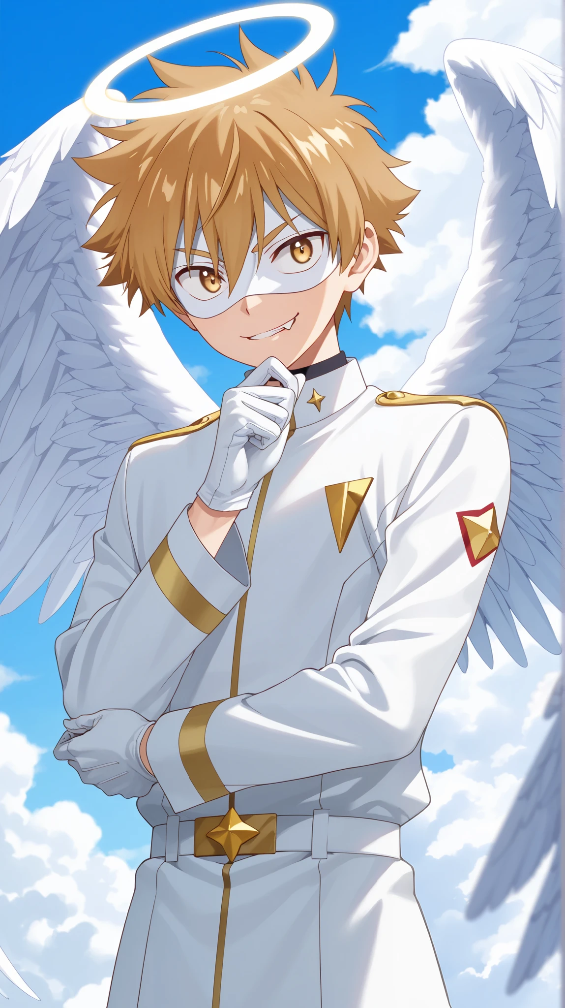 Full pure White hero masked men anime, solo, male focus,white angle uniform,white mask,white eye mask,glove,angel,1boy,mysterious grin,fang out,male focus,big white angel wing,angel halo,golden eye,day sky clouds heaven bankground,inuzuka shuu, blonde,thinking pose,stylish pose,male focus,hold holy light star,
