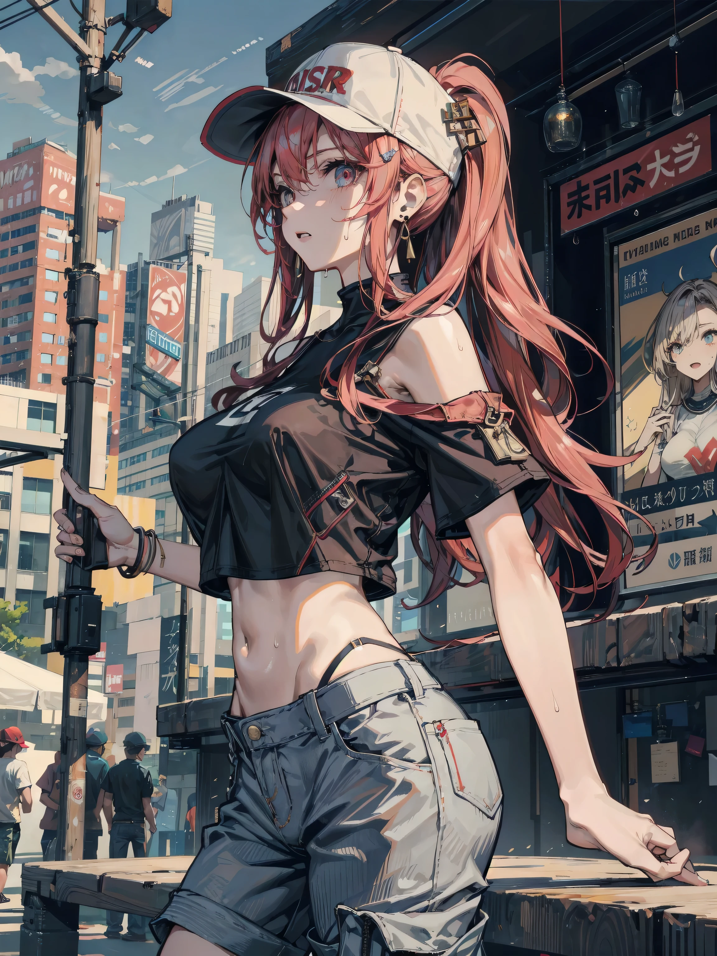 nsfw:1.5,Browsing Caution,'(masterpiece, Highest quality, Very detailed, 8k wallpaper, Realistic), 1 person, Curvaceous yet slender body, Big Breasts, Colorful printed micro bikini top, Fleece jacket, Shorts, Knee socks, Bangles, choker, Twin tails, Backpack, street, Street lamp, Late Night