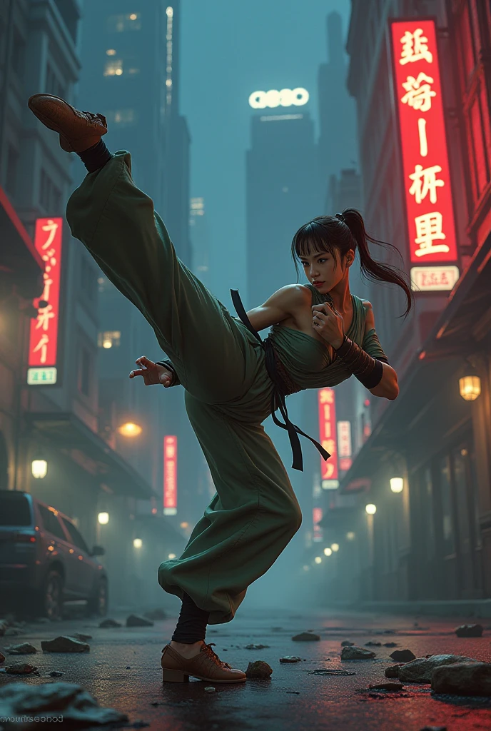 (An Asian girl),(Nineteen years old),(ultra HD picture quality),(Extremely delicate portrayal),(8k wallpaper),(Movie lighting),(best qualityer),Sexy body(Extremely standard and perfect body structure),Side Body,Kicking(Kick into the air:1.5),Martial arts action,tight costume,(Flowing fabric:1.3)shorter pants(black in color:1.5),Suspender T-shirt(white colors:1.5),Red sneakers,Extremely delicate skin(There is pronounced sweat:1.3),closeup of face,Muscle lines are pronounced,A plump chest,Plump buttocks,The expression is cold,short detailed hair(black in color:1.5),Downtown street,crowd of(Faraway view:1.3),(Full body appearance:1.5),closeup cleavage