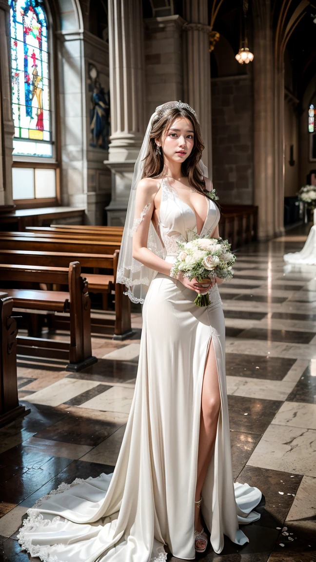 Beautiful 20 year old woman。She is wearing a wedding dress. She is smiling on illuminated by the evening church lights . romantic sunset. her dark brown hair. High resolution、masterpiece、highest quality、頭w:1.0、((Hasselblad Photos))、fine skin、(movie lighting)、clavicle . full body picture.