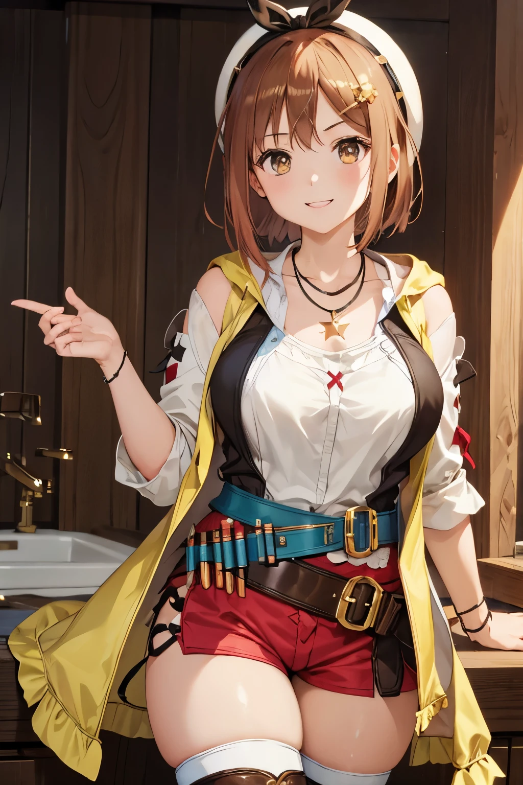 (8k, raw photo, masterpiece, extremely detailed, best quality, professional lighting, high res), BREAK beautiful and adorable girl, riza, reisalin stout, brown hair, single glove, brown thighhighs, brown eyes, red shorts, jewelry, belt, hat, white headwear, necklace, yellow jacket, hair ornament, short hair, brown glove, shirt, star necklace, hairclip, hairband, hair ornament, large breasts, smile