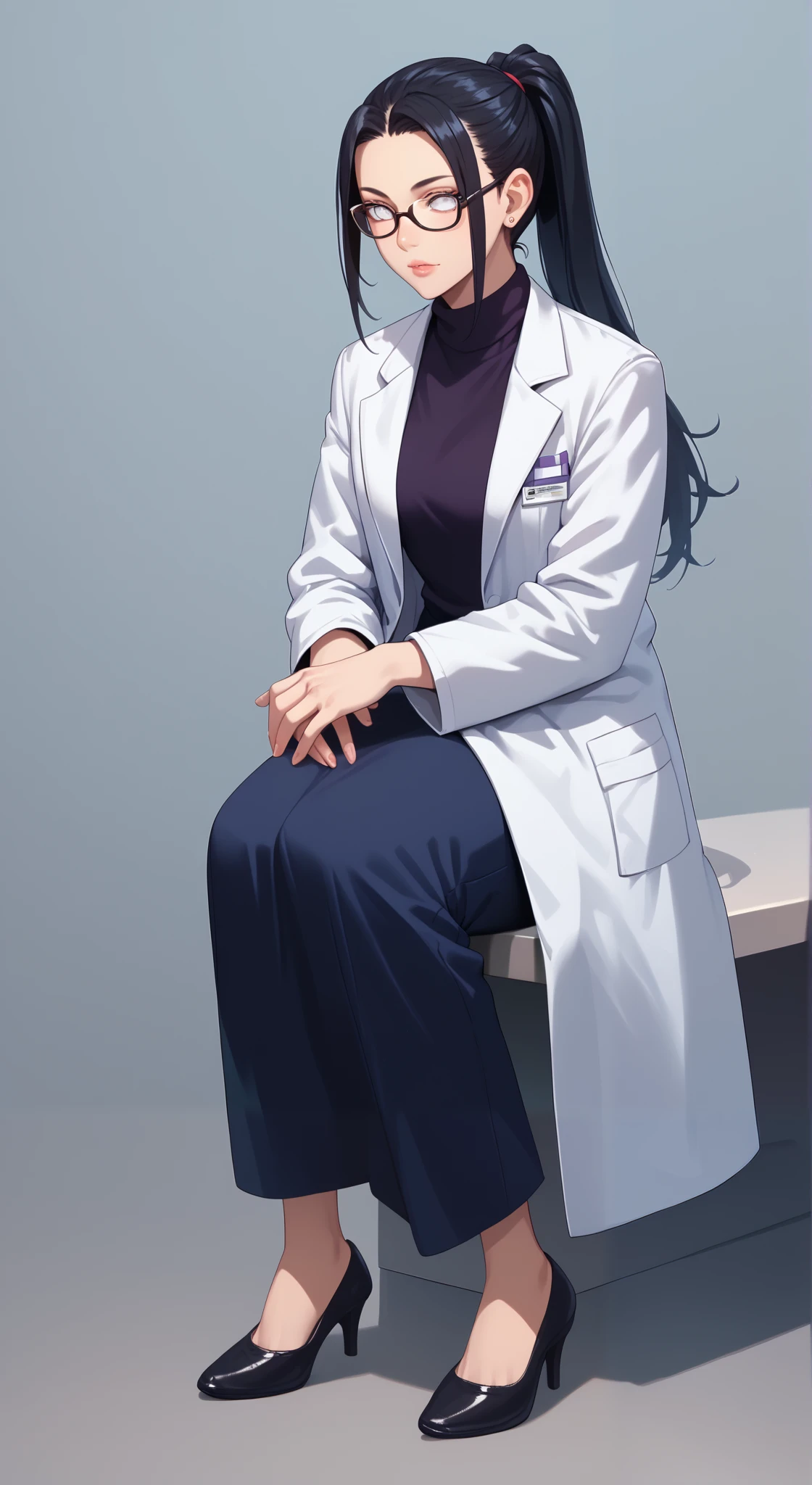 score_9, score_8_up, score_7_up, score_6_up, score_5_up, jt, labcoat, glasses, Black hair, long hair, 1girl, mary test, White eyes, crescent, ponytail, Full Body, Sitting, Checking Of Her Journal Experiment.