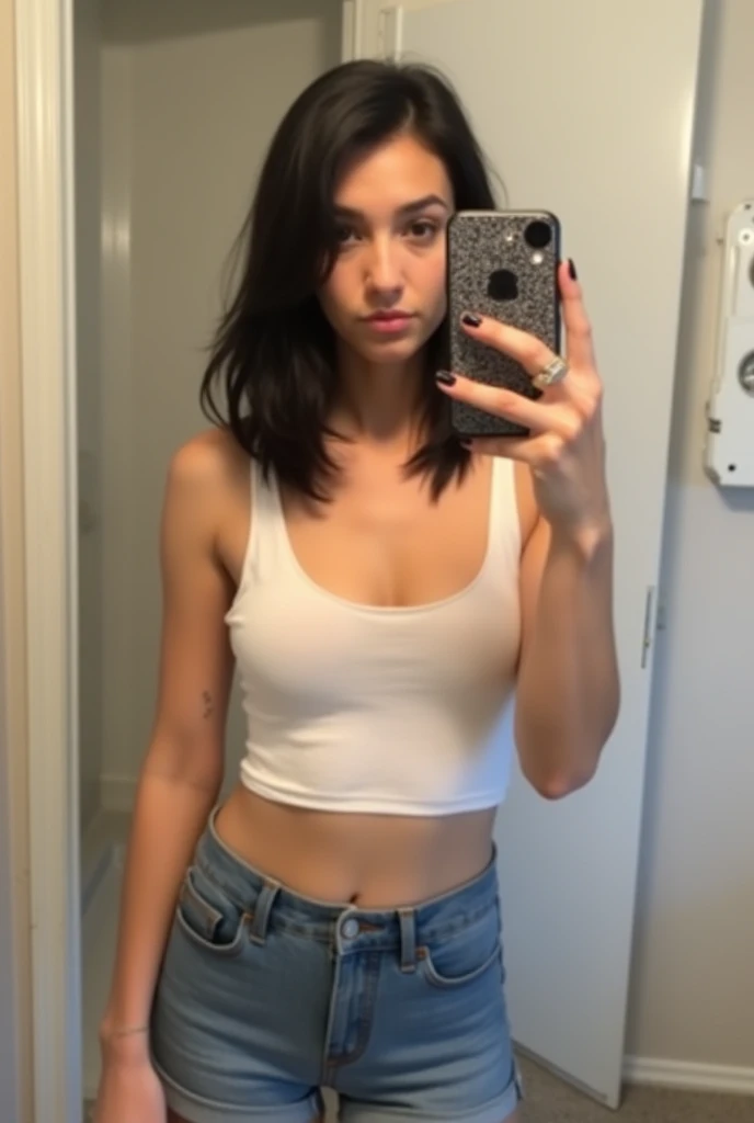 brunette girl photographing herself in front of the mirror. You can only see half his body and his face covered by the cell phone.. Black and White Photography.