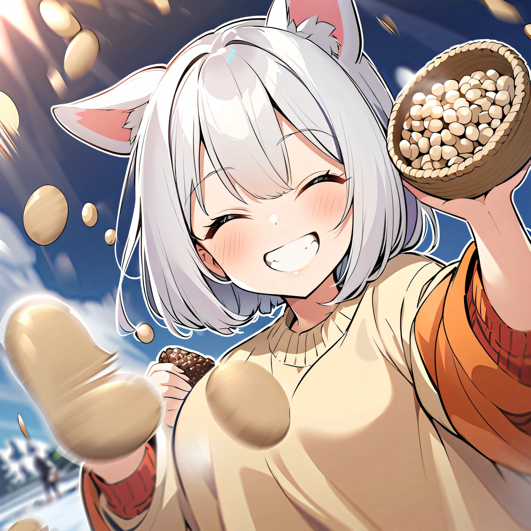 winter，smile，         throw 10 beans {x} throw 10 beans girl with dog ears，                   Silver Hair，    White Ear，  Setsubun，   throw 10 beans ，   sweater    ，smile，Bean scattering， throw beans hard ，10 beans 