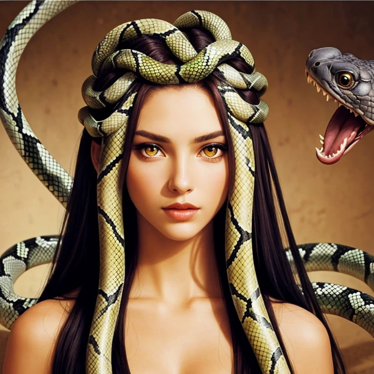 Looks like Amber Heard, fierce looks, fiery and glowing eyes, Dark Fantasy Art of  Medusa a woman with snake dreads holding a snake In Greek mythology, Medusa, also called Gorgo,  a human female with living venomous snakes in place of hair, dark, moody, dark fantasy style