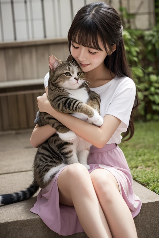 (((Smiling girl playing with a cat)))、A free-spirited cat and an elegant girl、pretty girl、Twin tails、、Black Hair、Hair Scrunchie、、、Small Nose、Fuller lips、carefully drawn hair、Fine grain、Playing with cats at home:1.2、Sorry Cat:1.5、A girl who wants to be taken care of、Calico cat and girl in a mini skirt:1.3、A very young smiling -yeld、 tface of a very young 、Natural light, (Very detailed, Intricate details), Sharp focus, Calm colors, 8k, Confused, 8mm film grain