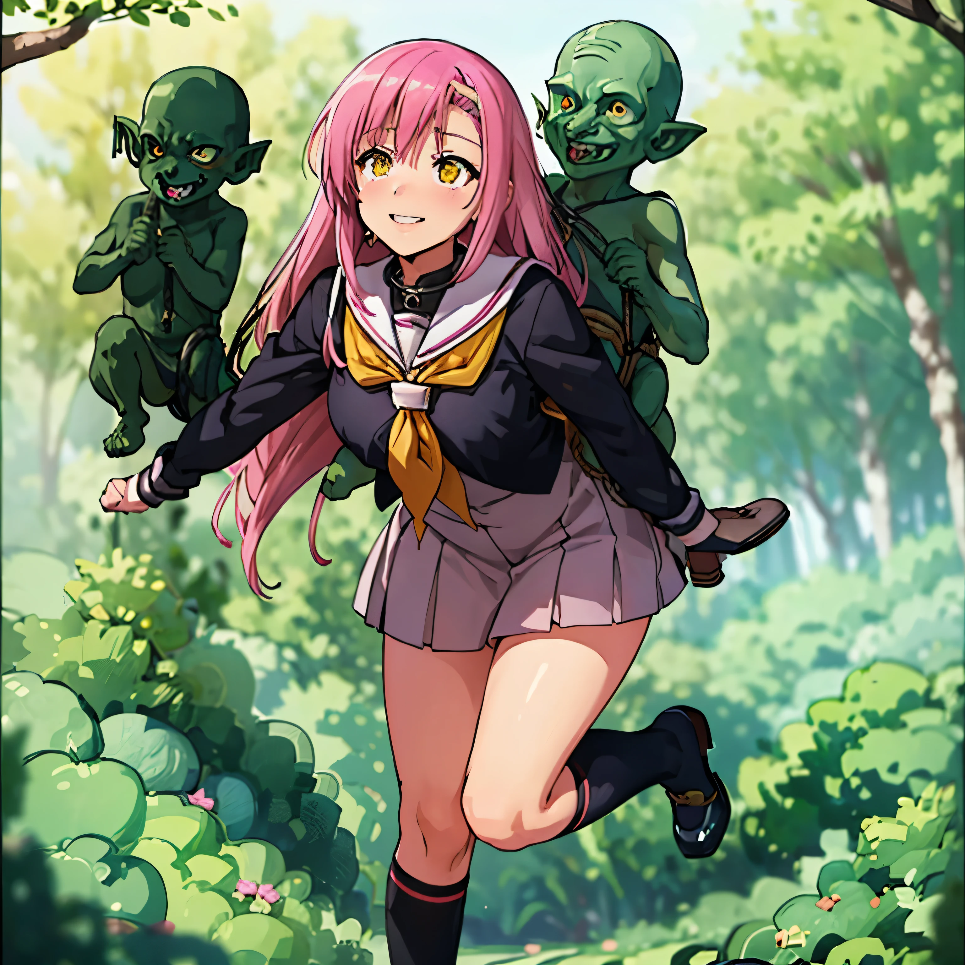 masterpiece, (((goblinriding, a goblin is riding a girl))), goblin, multiple goblins, goblins, (all fours), 1girl, (((student uniform:1.1))), (nose hook), reins, collar, chain, rope, obey, happy trance, smile, hair ornaments, expressionless, emotionless, blank eyes, empty eyes, mind control, horror, monster, glowing eyes, seductive pose, submissive pose, hair ornaments, small breast, long hair, pink hair, yellow eyes