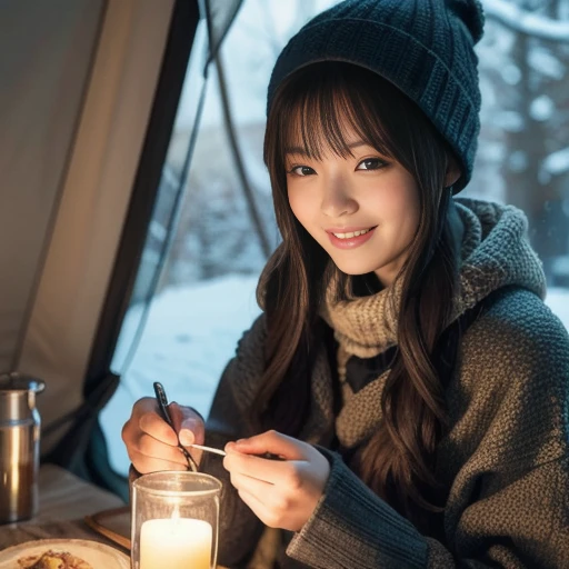 This is Hokkaido in midwinter.、A beautiful 18-year-old American girl eating sushi while wearing ski wear at a sushi restaurant near the Niseko ski resort.(photography)(professional lighting)retina, anatomically correct, ccurate, textured skin, super detail, high quality, high details, award winning, best quality, highres, 1080P, HD, 4K, 8k