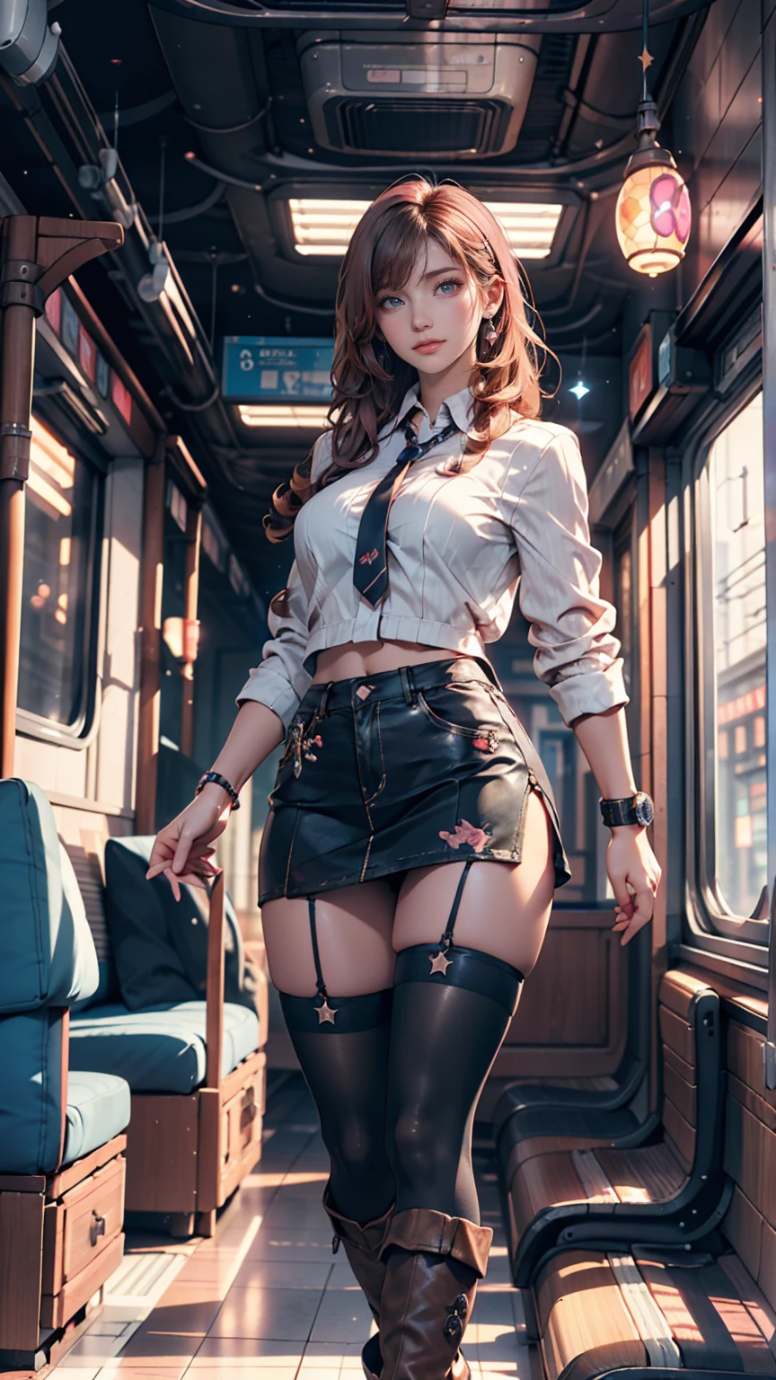full-body portraits, photograph realistic, A beautiful Chinese mother, Adult video actress, In crowded subway cars, Get wet all over your body, Slim figure, Height 1.6m, perfect female shape, 34C breasts, Naked of breast, Slim waistline, Elongated legs, 28-inch hips, Wheat-colored skin, Full forehead, Slender eyebrows, Wear red and black erotic underwear, Suspender stockings, Stiletto heels, tempting pose, silver hair, streaked hair, bangs, messy hair, straight hair, hair slicked back, medium hair, jewelry, longeyelashes, earrings, makeup, serious, expressionless, red lips, cinematic lighting, three sided view, masterpiece, textured skin, super detail, best quality, 8k