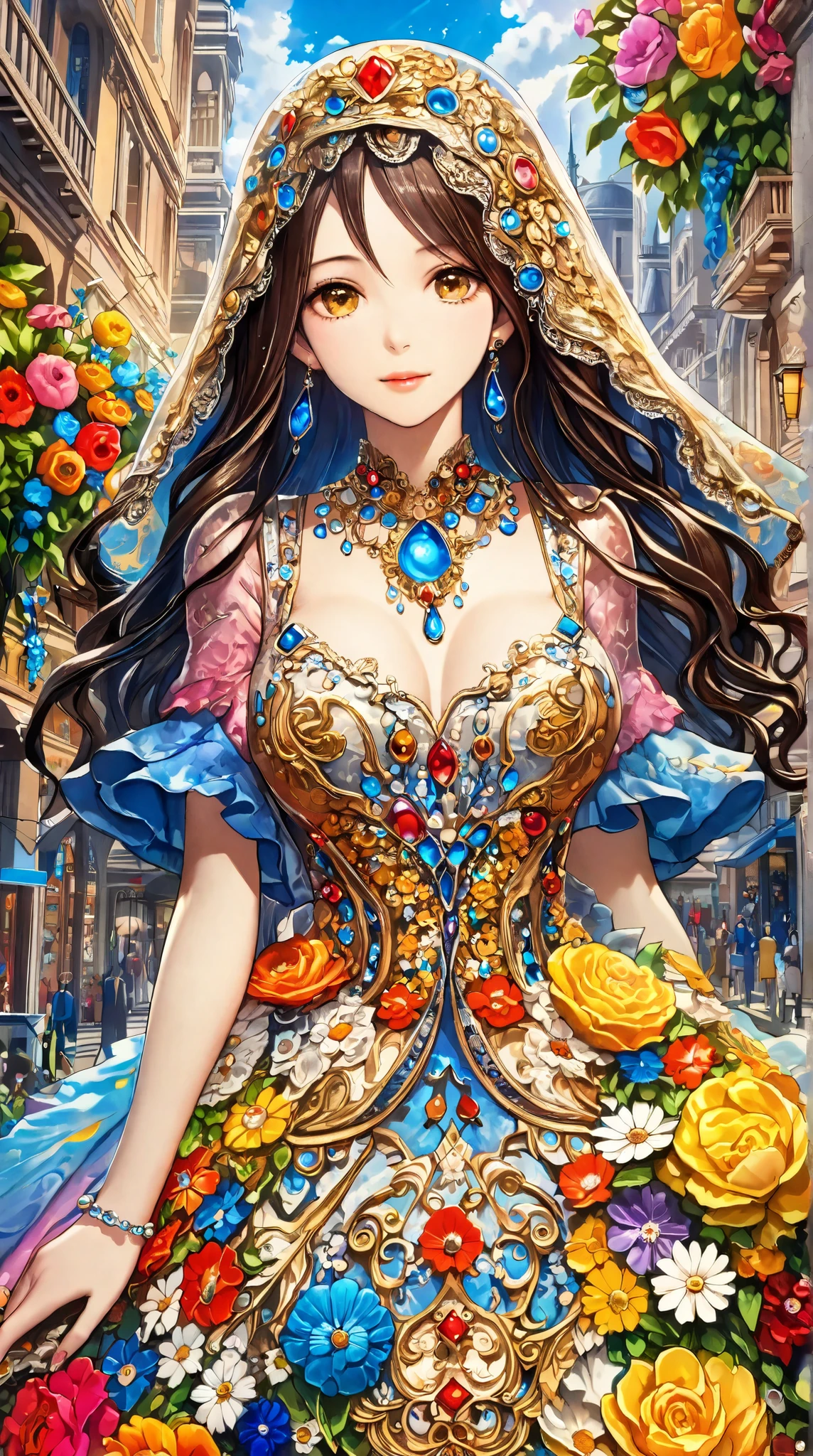 (( best quality )),( super high definition),( very detailed),( Detailed explanation ),(( best CG )),( Best Works of Art ), Ultra Precision Art , Amazing Painting Art,( Exact Detailed Art:1.5), woman, Droplet Jewel, dress with bold cuts, Art revival, City of flowers, Vibrant colors,