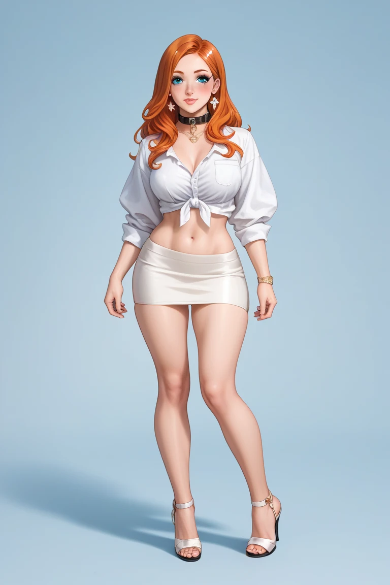 ((masterpiece, best quality, ultra-detailed, ultra-HD, photorealistic, cinematic)), alluring anime girl, average height, (surrealism), (wide shot, full body view:1.5), perfect body, sexy body, perfect face, perfect hands, delicate face, (large cleavage), round ass, long round legs, anime - style image of a woman in a short silken skirt and white shirt, seductive anime girl, range murata and artgerm, extremely detailed artgerm, ilya kuvshinov and artgerm, krenz cushart and artgerm, leeloo sexy outfit, photorealistic anime girl render, (ginger hair), (sensual pose, hands in the waist), (gradient background:1.2), brown eyes, detailed pupils, rosy lips, blushing, slightly parted lips, (revealing outfit), (navel), thicc