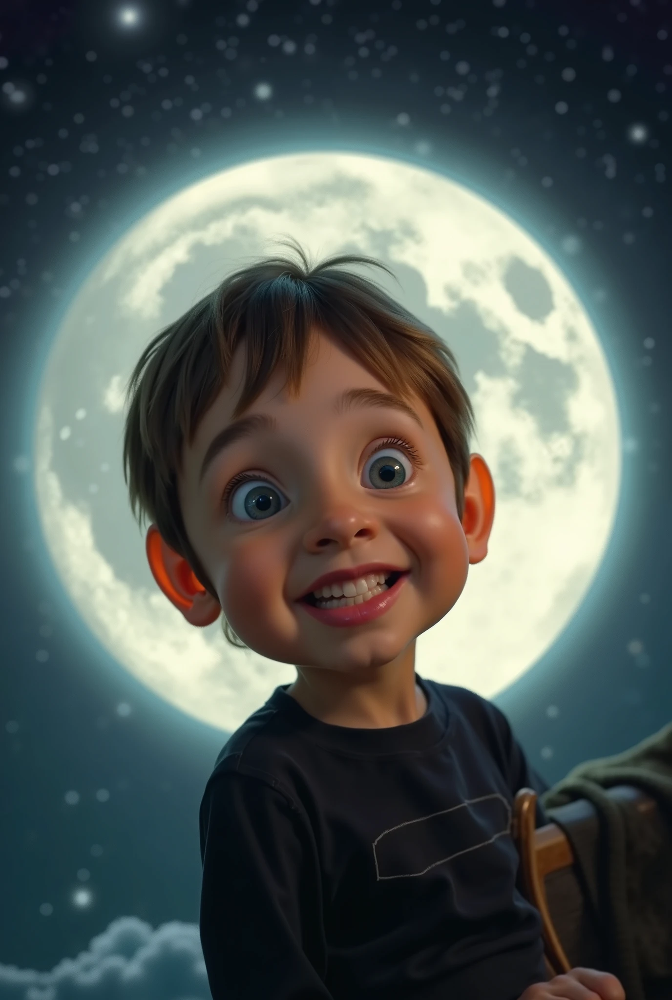 a cartoon caricature of a young boy under the moonlight, portrait, exaggerated features with a large nose and big eyes. Masterpiece, Best Quality, Realistic, glowing, textures, 4K.
