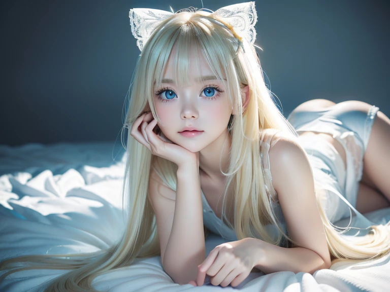 White cat，The tail of the hair has a blue color，largeeyes，Round head，Pink ears，adolable，Smart