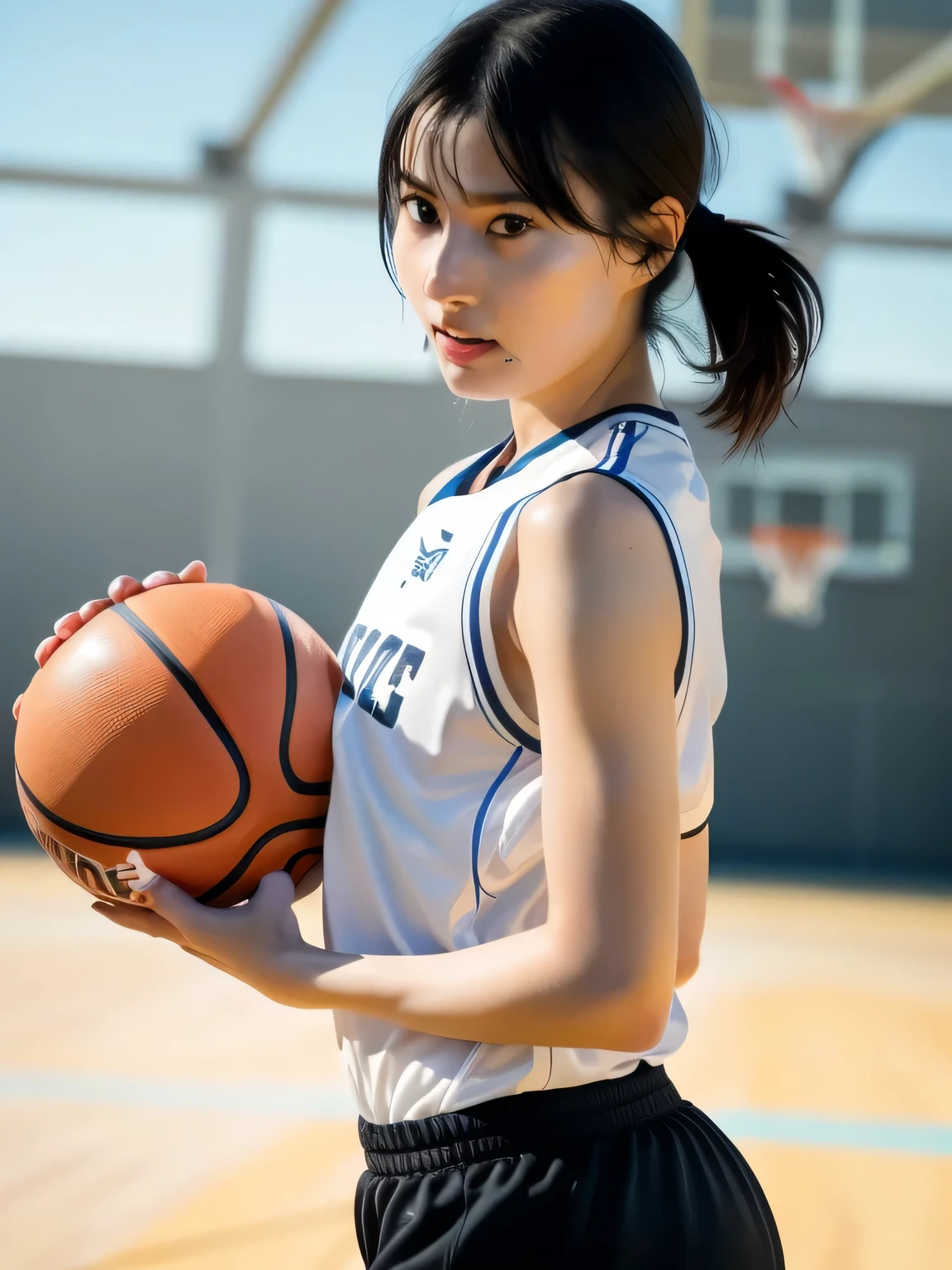 A young female basketball player executing a dynamic jump shot with precision and grace. The basketball is held firmly in both hands as she aims for the hoop, her form exuding confidence and mastery. Her slim-fit basketball uniform highlights her athletic build, while black high socks and matching sneakers provide a sleek and modern look. Her neatly braided black hair arcs through the air as she leaps, with her intense black eyes fixed firmly on the goal. The polished wooden floor of the brightly lit gymnasium reflects the action, emphasizing the energy, elegance, and competitive spirit of the moment. smiles gently, FRIENDLY. ( RAW photos , top quality ), ( realistic , photo- realistic :1.4), masterpiece, extremely delicate and beautiful, extremely detailed, 2k wallpaper, amazing on the beach, Detailed description, extremely detailed CG unity 8k wallpaper, ULTRA DETAIL, high res, Soft light, beautiful detailed girl looking back, extremely detailed eyes and face, beautiful detailed nose, beautiful detailed eyes, cinematic lighting, Perfect Anatomy, slender body.