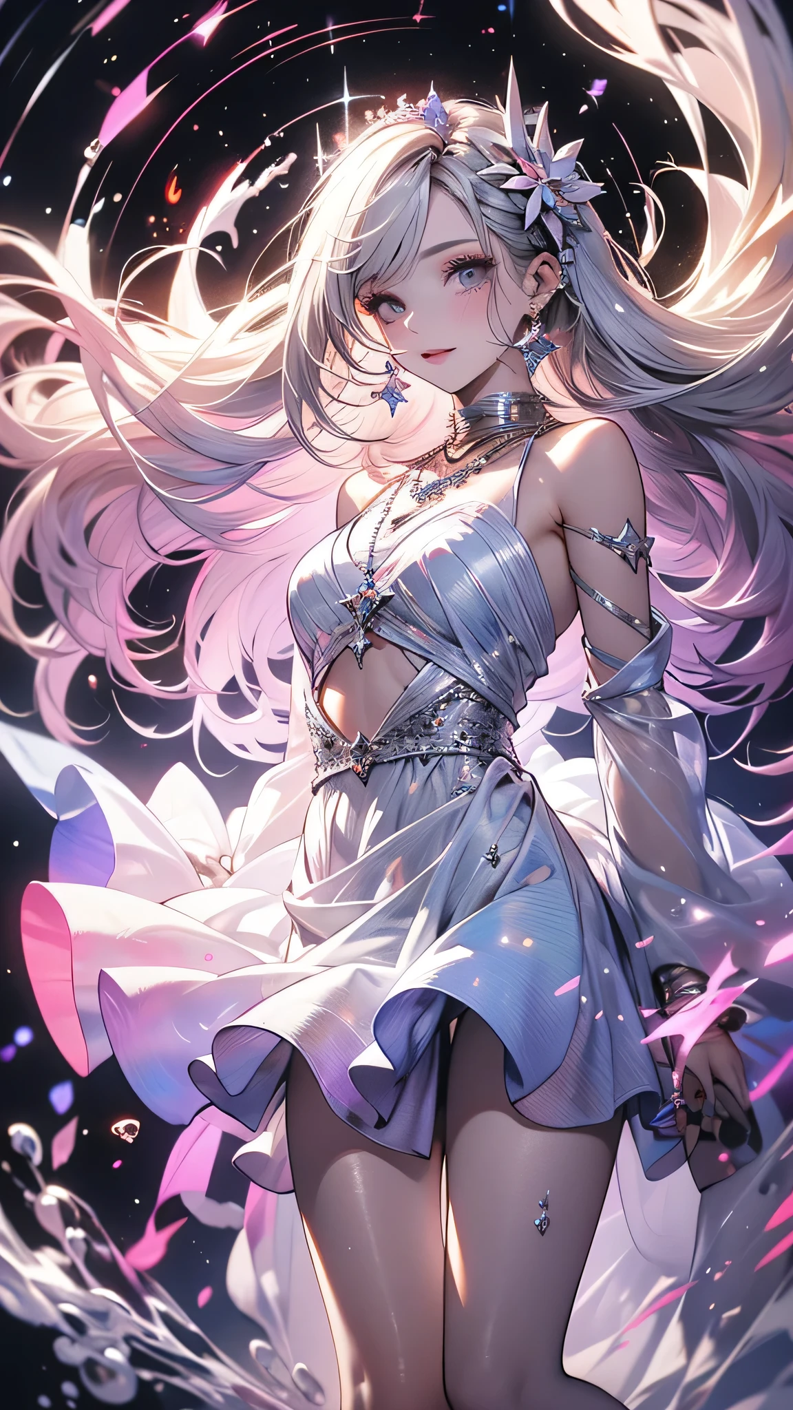 (masterpiece, top quality, best quality,watercolor (medium),official art, beautiful and aesthetic:1.2),(1girl:1.3), (fractal art:1.3), whole body, from 30-degrees angle, looking at viewer, patterns, silky hair ,water, liquid, cloud, short dress, starry, stars, sexy pose, red black and white, pastel colours