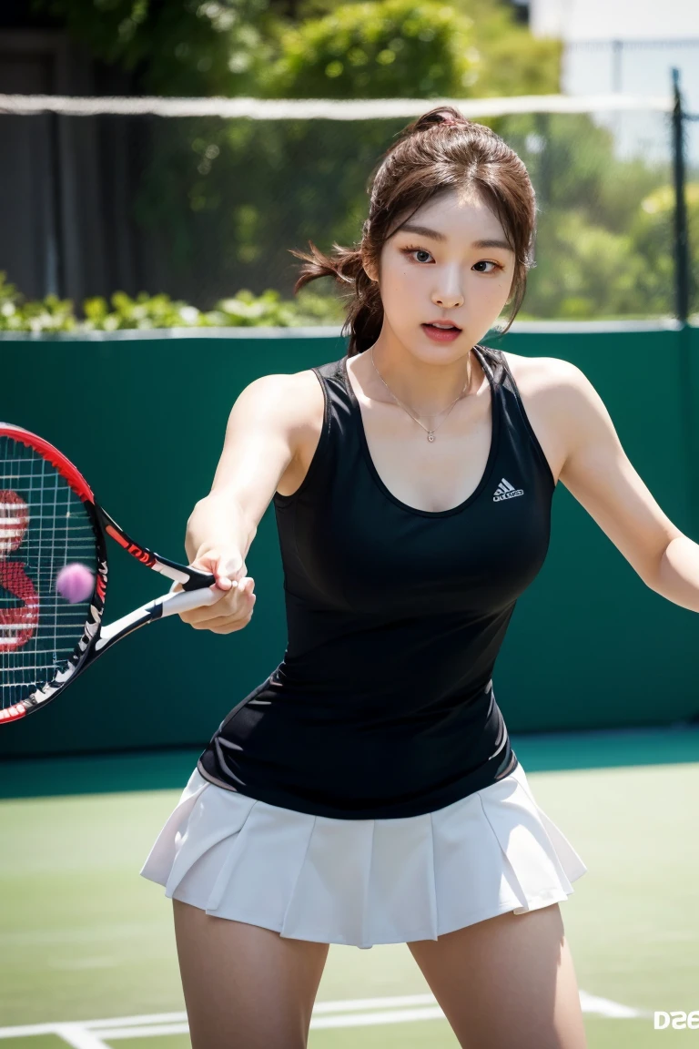 masterpiece, black hair, beautiful, elegant. Ultra-fine details, masterpieces, realistic textures, realistic cinematic lighting, perfect work, 8k, HD, delicate facial features, (Image from thighs to head), large breast, (Japanese idol:1.2), Classic and sophisticated badminton attire in crisp white, Skilled badminton player executing a powerful smash, Indoor badminton court with sleek flooring and net, Precision and agility in badminton,