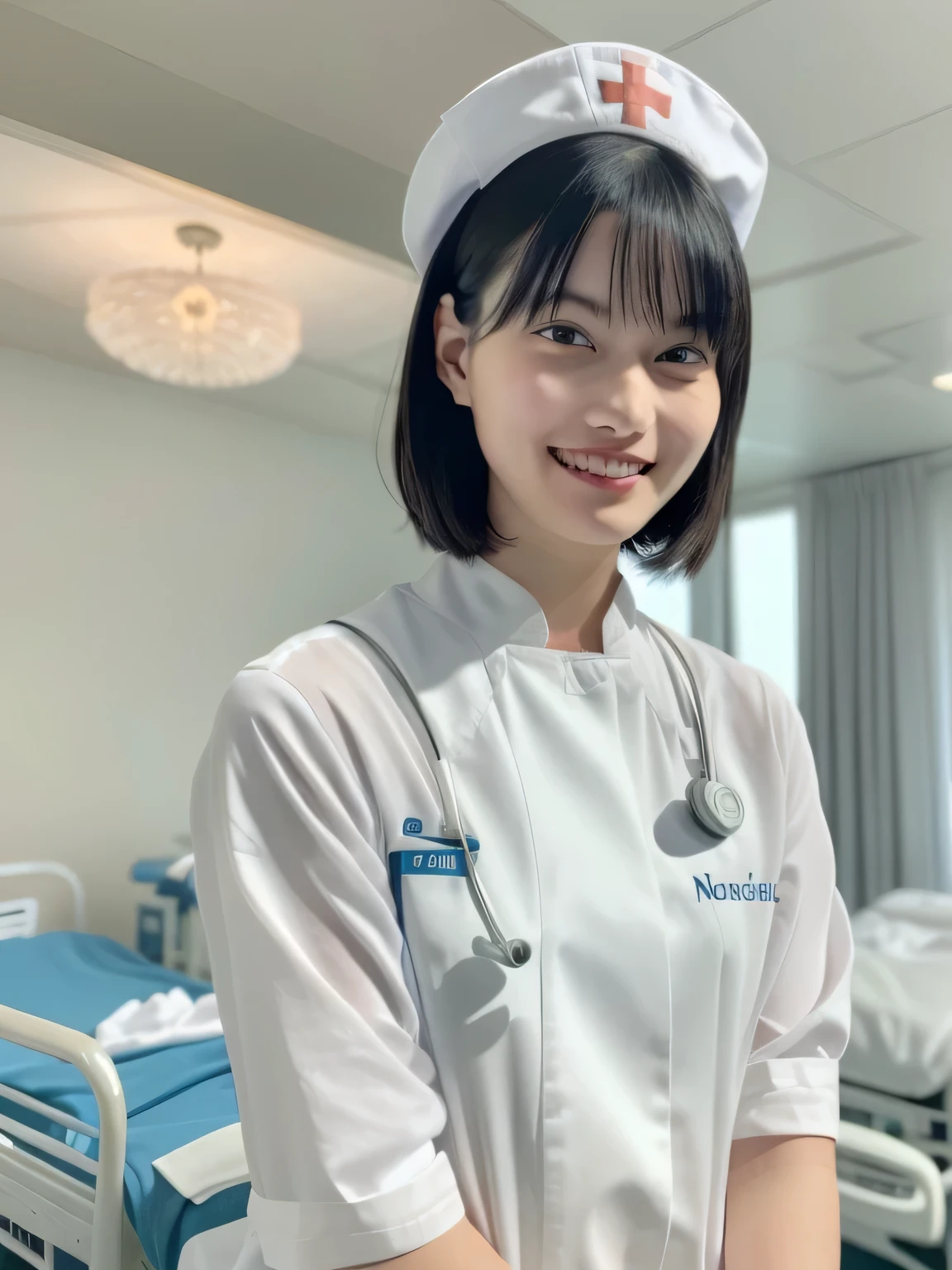 Depict a 20-year-old, very beautiful woman in a hospital room. She is wearing a nurse cap and a mini-skirt style white uniform. Her expression is shy, and she is smiling gently. The setting includes medical equipment and furnishings typical of a hospital room, with soft lighting to create a warm and welcoming atmosphere.
