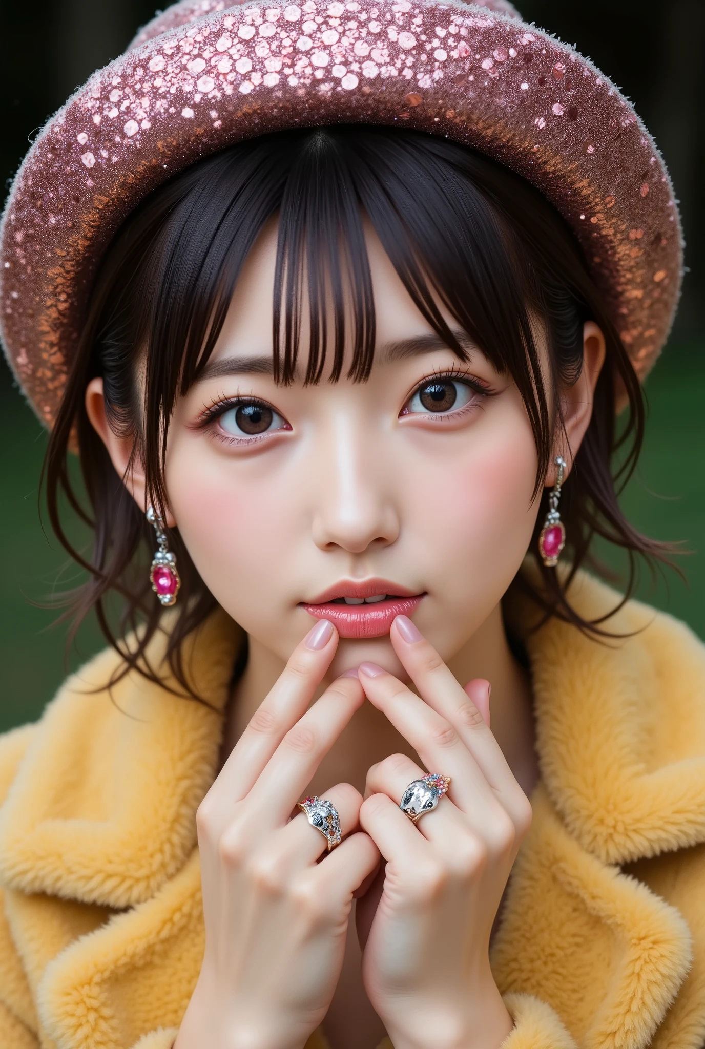 Close-up of a person wearing a hat with pink sequins and s He wears his index fingers close to his mouth, Put your lips as if you were going to kiss painted with pink glitter , on her fingers she wears rings she wears a yellow fur coat , earrings with panda bears , she wears disheveled bangs and two twin braids on the sides of her shoulders , Her eyes wide open , beautiful and tender color cyan ; is European , olive green background ., digital art inspirado en Yanjun Cheng , tumblr, digital art, Beautiful Artistic Style , Realistic kawaii portrait , Hermoso digital art, lindo colorido adorable, artwork in the guweiz style , Cute cartoon style , arte digital detallado y lindo , guweiz, realistic painting of a pretty girl , linda girl cute , Beautiful cartoon


