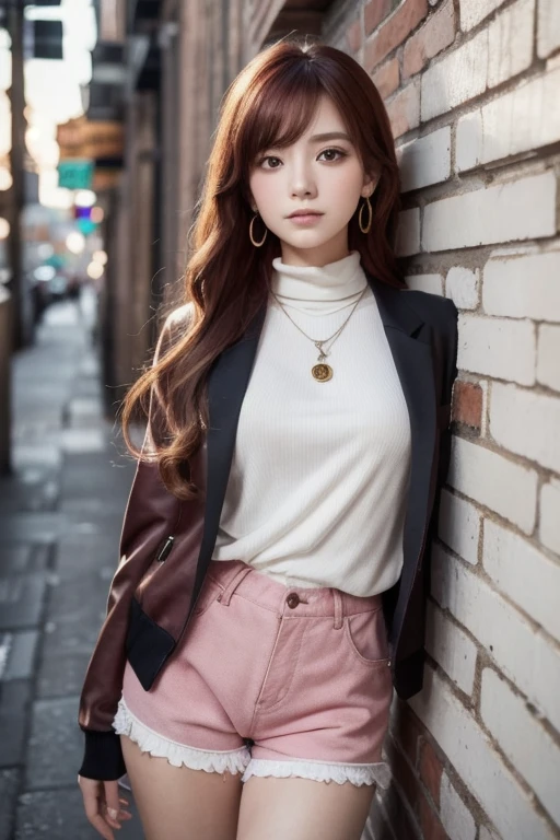 (Masterpiece, best quality , 1 girl, Alone, intricate details, Color Difference), realistic, ((Moderate breathing)), long hair, Red Hair, red decoration on the head , pink highlights, amber eyes , earrings, Sharp Eye, necklace, Fluorescent shirt, Tattered Shorts , Open Jackets , turtleneck, knight , Hit the wall , Brick wall, graffiti, dim lighting, alley, Audience
