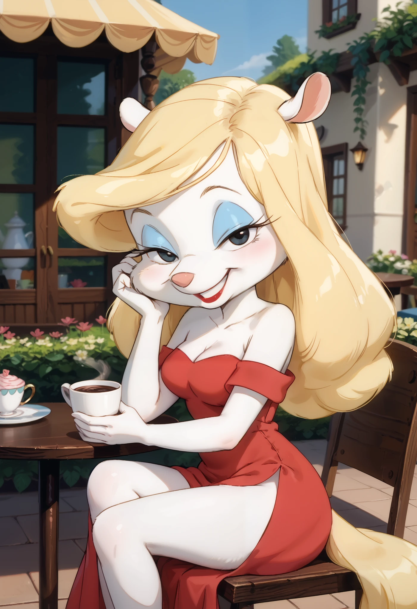 masterpiece,best quality, highly detailed, score_9, score_8_up, score_7_up, score_6_up,BREAK minerva mink, 1girl, white fur, blonde hair, viewed from side, fluffy blonde tail, solo, black eyes, looking at viewer, long hair, (red dress), , side slit, thigh, half closed eyes, makeup, lipstick, medium breasts, outdoors, cafe terrace, grin, happy, sitting, holding a cup of coffee, tiny toons adventure artstyle