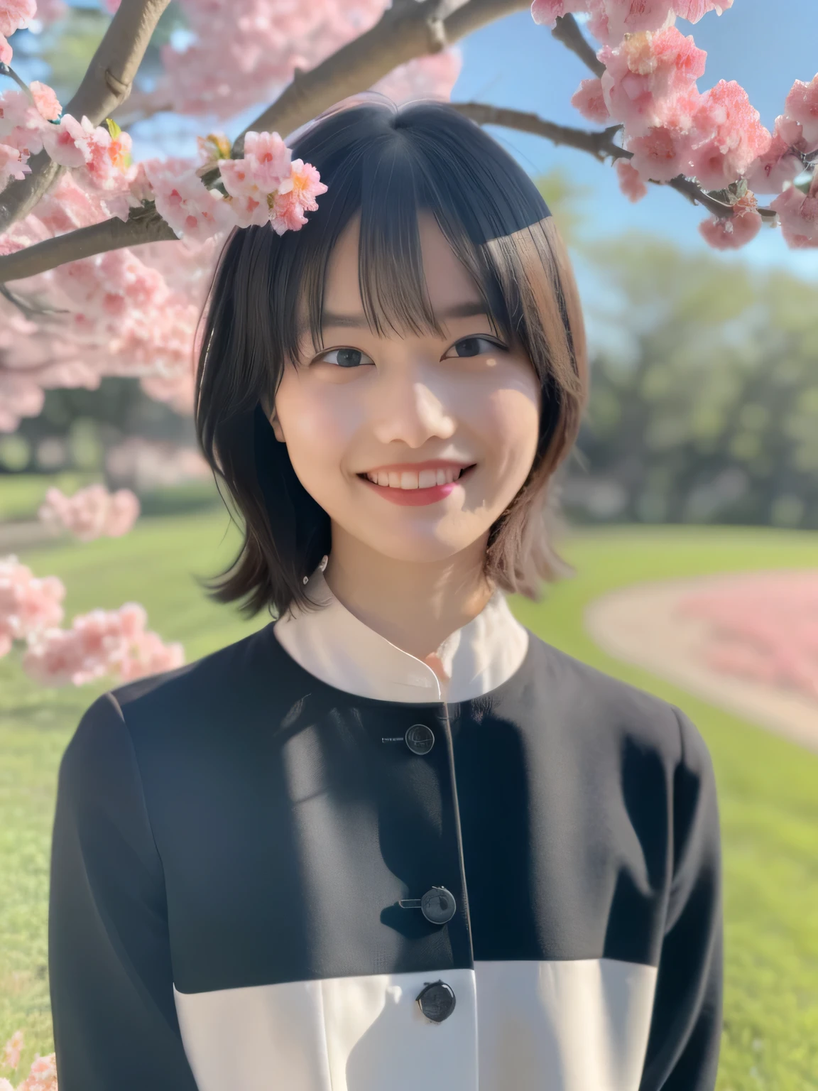 Depict a 20-year-old, very beautiful woman standing under a row of fully bloomed cherry blossom trees. She is dressed in a classic black-and-white sailor-style outfit with a short hem. Her cheeks are slightly flushed, and she is smiling gently, radiating a cheerful and charming aura. The background is filled with vibrant pink blossoms and soft natural light, creating a serene and picturesque scene.