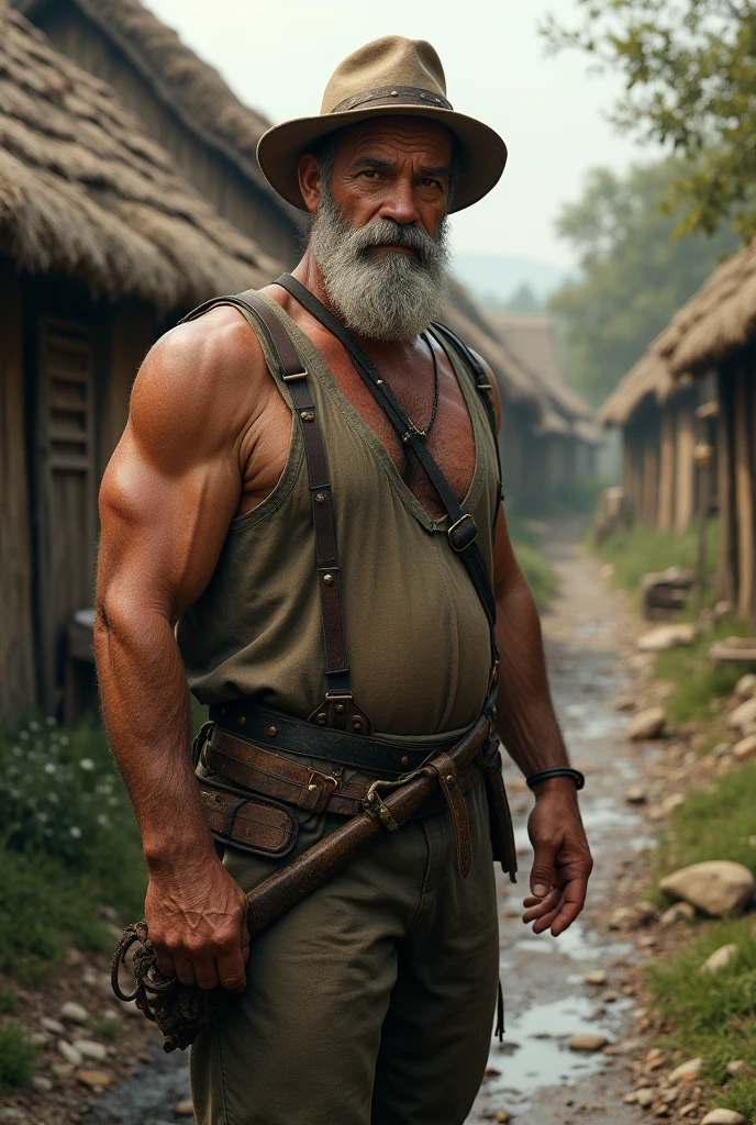 (best quality), masterpiece, ultra-detailed, old guy, beard, muscular physique,full body portrait,blonde hair, intense blue eyes, stream, forest, hairly chest, loincloth