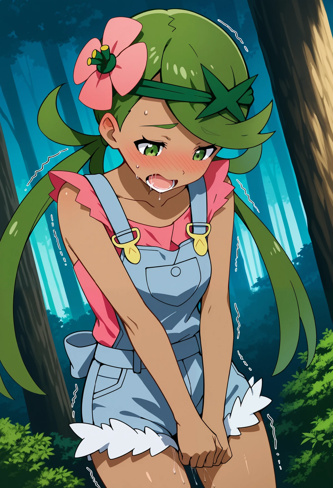 score_9, score_8_up, score_7_up, source_anime, mallow, 1girl, solo, long hair, bangs, hair ornament, twintails, green eye, flower, green hair, hair flower, dark skin, dark-skinned female, swept bangs, mallow (pokemon), a weary face, open mouth, Saliva, be shy, looking down, head down,
body shaking , nose blush, blush, collarbone, sleeveless, pink shirt, denim overall, thighs, outdoor, forest, standing, upper body, v arms, cover pussy with own hands, pussy juice, sweat. Dutch angle.