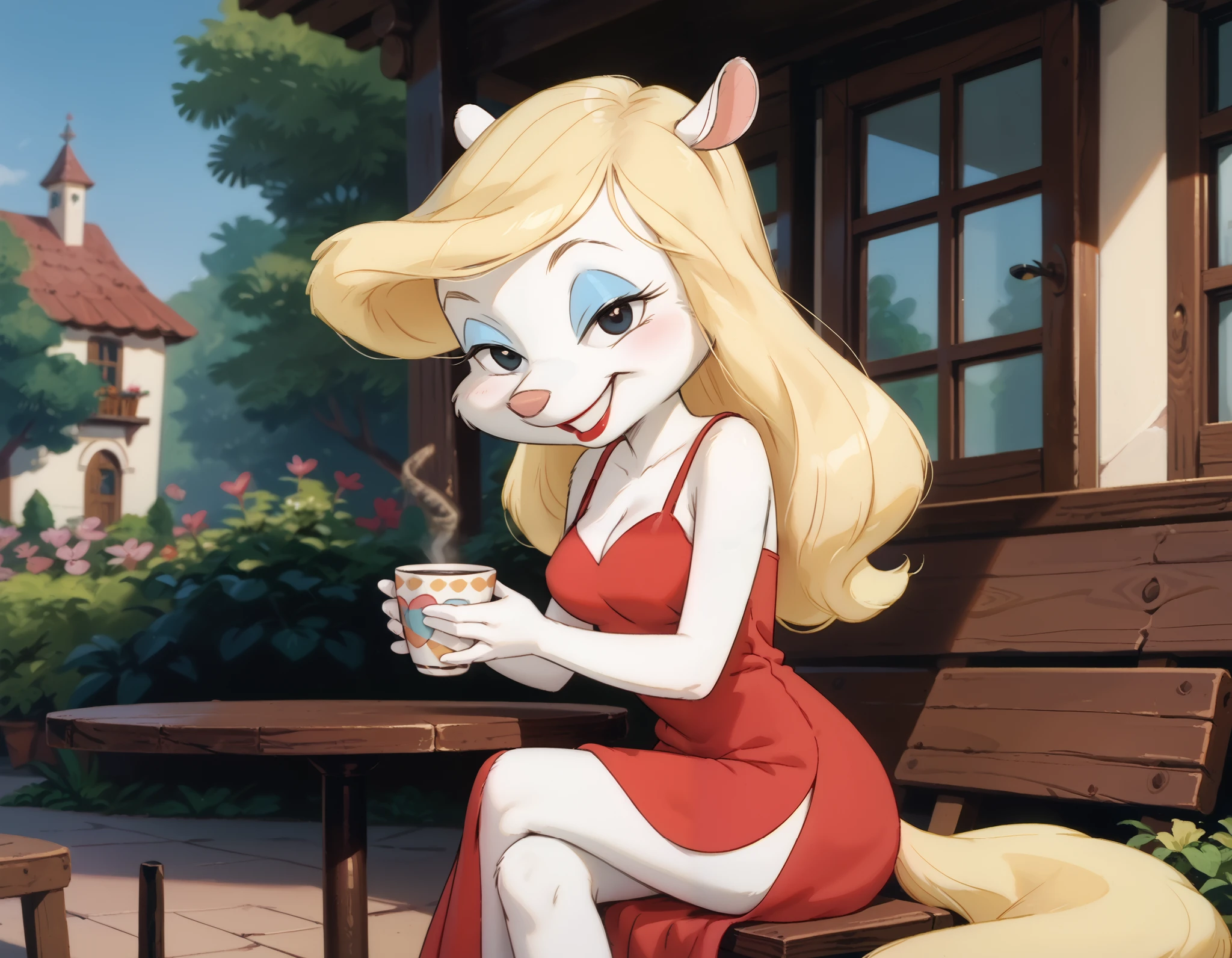 masterpiece,best quality, highly detailed, score_9, score_8_up, score_7_up, score_6_up,BREAK minerva mink, 1girl, white fur, blonde hair, viewed from side, fluffy blonde tail, solo, black eyes, looking at viewer, long hair, (red dress), , side slit, thigh, half closed eyes, makeup, lipstick, medium breasts, outdoors, cafe terrace, grin, happy, sitting, holding a cup of coffee, tiny toons adventure artstyle