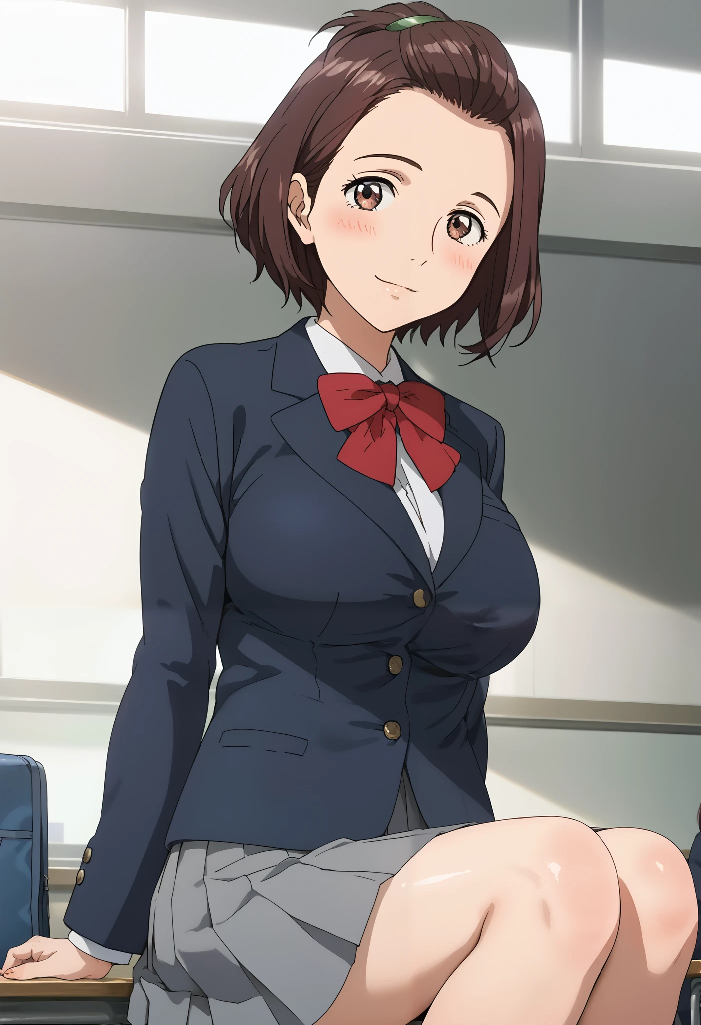 score_9, score_8_up, score_7_up, score_6_up, score_5_up, 1girl, Satomi Murano, brown eyes, brown hair, sidelocks, short hair, forehead, hair ornament, green hairclip, school uniform, blazer, collared shirt,red bowtie, pleated skirt, grey skirt, , ager, slim legs, slim body, big eyes, sexy, female focus, fantasy, expressive, skindentation, 1female, masterpiece, 32K HD, beautiful attention to detail, detailed eyes, shiny skin, showing lots of skin, wide lens, perfect hands, perfect eyes, 2d, anime, source_anime, anime screencap, hentai, source_hentai, flat shadows, anime coloring, flat colors, looking at viewer, zPDXL2, zPDXLxxx, mature content, nsfw, rating explicit, blush, closed mouth, clothed female, uncensored, indoors, school, classroom, knee out of frame, feet out of frame, smile, sitting, huge breasts, 