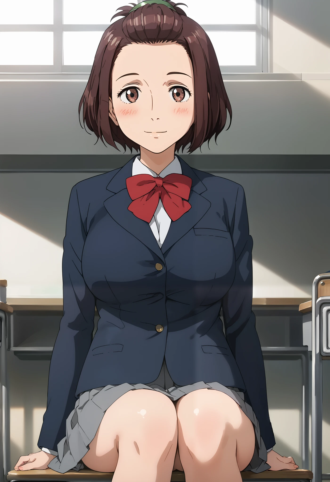 score_9, score_8_up, score_7_up, score_6_up, score_5_up, 1girl, Satomi Murano, brown eyes, brown hair, sidelocks, short hair, forehead, hair ornament, green hairclip, school uniform, blazer, collared shirt,red bowtie, pleated skirt, grey skirt, , ager, slim legs, slim body, big eyes, sexy, female focus, fantasy, expressive, skindentation, 1female, masterpiece, 32K HD, beautiful attention to detail, detailed eyes, shiny skin, showing lots of skin, wide lens, perfect hands, perfect eyes, 2d, anime, source_anime, anime screencap, hentai, source_hentai, flat shadows, anime coloring, flat colors, looking at viewer, zPDXL2, zPDXLxxx, mature content, nsfw, rating explicit, blush, closed mouth, clothed female, uncensored, indoors, school, classroom, knee out of frame, feet out of frame, smile, sitting, huge breasts,