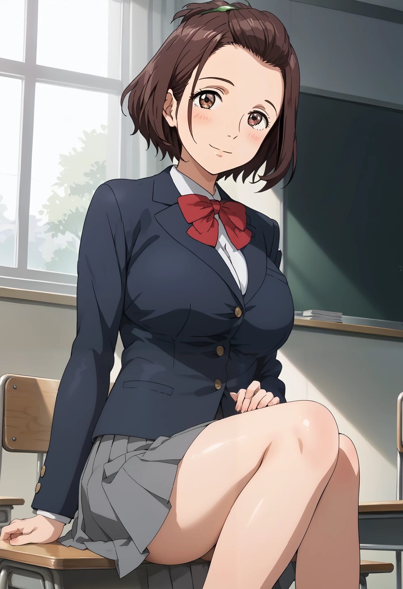 score_9, score_8_up, score_7_up, score_6_up, score_5_up, 1girl, Satomi Murano, brown eyes, brown hair, sidelocks, short hair, forehead, hair ornament, green hairclip, school uniform, blazer, collared shirt,red bowtie, pleated skirt, grey skirt, , ager, slim legs, slim body, big eyes, sexy, female focus, fantasy, expressive, skindentation, 1female, masterpiece, 32K HD, beautiful attention to detail, detailed eyes, shiny skin, showing lots of skin, wide lens, perfect hands, perfect eyes, 2d, anime, source_anime, anime screencap, hentai, source_hentai, flat shadows, anime coloring, flat colors, looking at viewer, zPDXL2, zPDXLxxx, mature content, nsfw, rating explicit, blush, closed mouth, clothed female, uncensored, indoors, school, classroom, knee out of frame, feet out of frame, smile, sitting, huge breasts, 