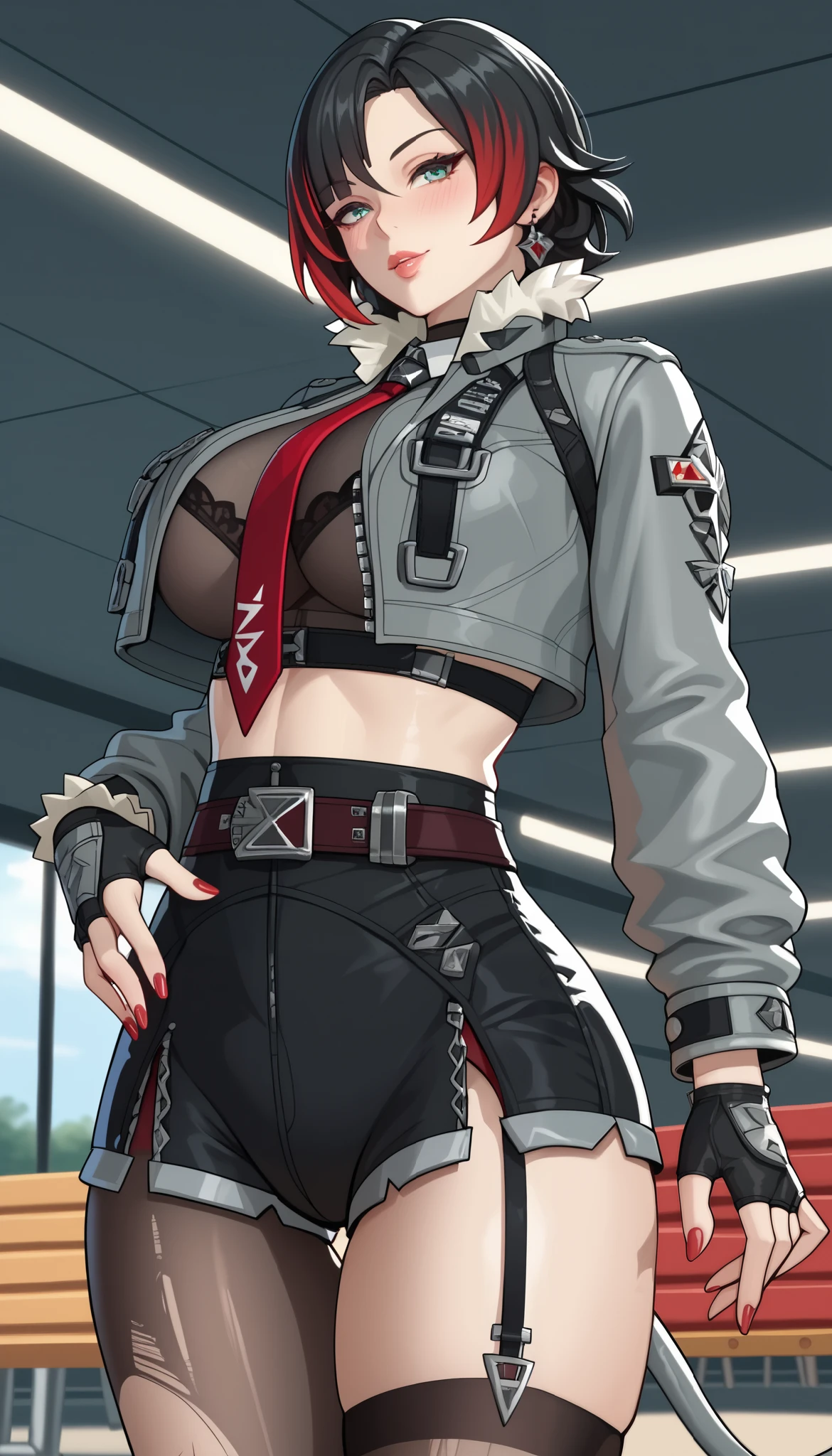 masterpiece:1.5, best quality:1.5, 1girl, cinematic lighting, sharp focus,large breasts , mature female, horny ,16k, glowing eyes, detailed 4k eyes, playground,seduction,sexy lips, parted lips,detailed lips, high detailed background, detailed face,shiny skin, (artist:onineko:0.826446),artist:hito komoru,(artist:quasarcake:1.1),(artist:reoen:0.826446),artist:machi,(7769:1.21)(artist:ningen_mame:0.9),(artist:sho_(sho_lwlw):0.9),(artist:rhasta:0.9),(artist:wlop:0.7),(artist:ke-ta:0.6),(fkey:0.5),(tianliang duohe fangdongye:0.5),(hiten \(hitenkei\):0.6),jane doe_(zenless zone zero), blurry foreground,ray tracing,lens flare,cinematic lighting,absurdres, 1girl,solo,adult,mature woman, KJOjane, long hair, black hair, beautiful detailed hair, aqua eyes, blunt bangs, tail, mouse ears, animal ears, multicolored hair, red colored tips, thigh gap, red nails, nail polish, mouse tail, green-grey eyes, cunning look, singular visible back tied red streak, seductive smile,blush, shiny skin,sweaty,large breasts,thighs,legs, shirt,black hair,thighhighs,long sleeves,green eyes,jacket,tail,pantyhose,glossy lips, full lips, attractive lips, tinted lips, Attractive face, Detailed face, Delicate facial features, Detailed skin, skin blush, glossy skin,necktie,black gloves,belt,fingerless gloves,ear piercing,gloves,open jacket,fingernails,neckerchief,torn clothes,fur trim,black shorts,red necktie,zipper,grey jacket,fur-trimmed jacket,zipper pull tab,torn pantyhose,torn thighhighs,high-waist shorts,torn, cropped jacket, crop top, garter straps, single left thighhigh, pantyhose under shorts, shorts, green-gray jacket, short necktie, black necktie, short shorts, single garter strap, indoors, facing viewer,leaning forward, detailed background,beautiful lighting,beautiful shadows, perfect anatomy,perfect body,mature body, (m18+,mfant,mgirly),looking at viewer,from side below,toned breasts, Attractive breasts, hard nipples see-through, clothes, covered, nipples clothed, toned body, fit body