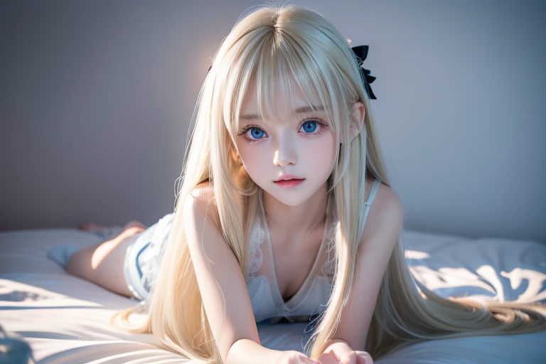 1girl, short blonde hair, looking at viewer, on bed, all fours, nude