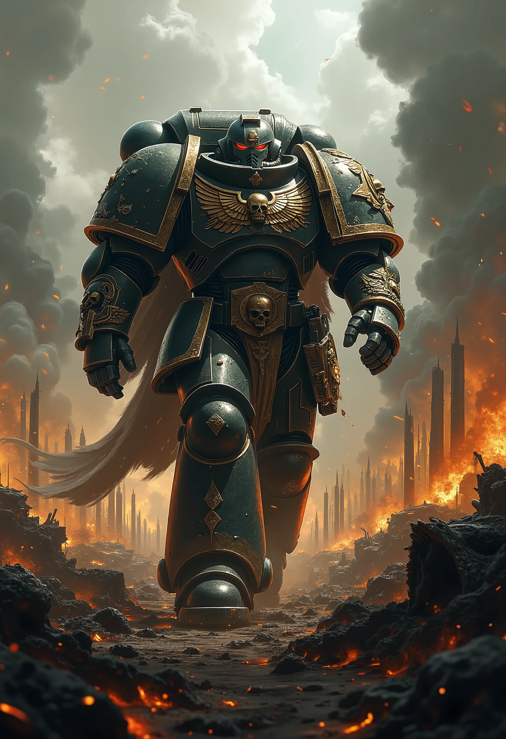 space marine walking in a battlefield ,red eyes, View from below