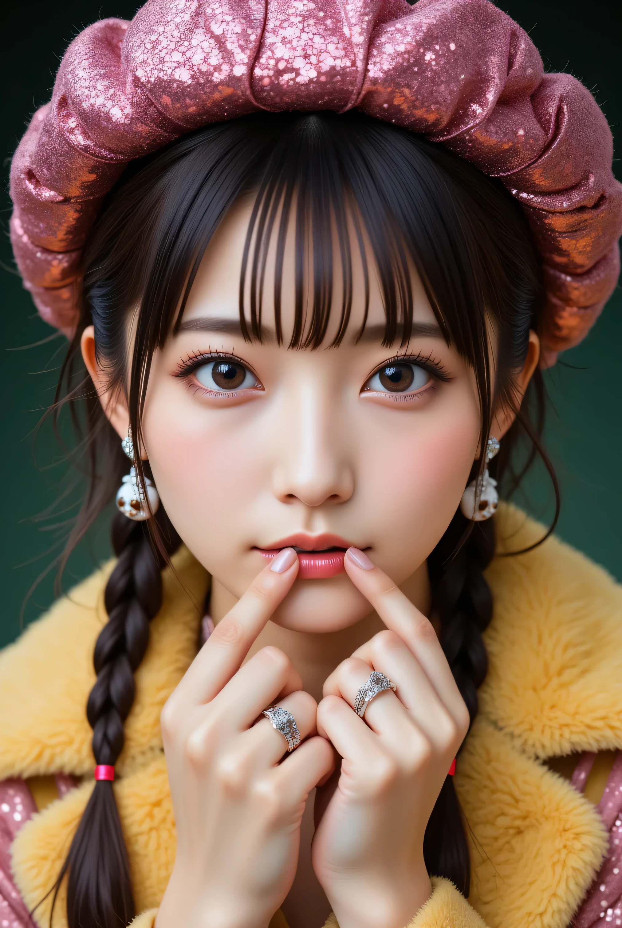 Close-up of a person wearing a hat with pink sequins and s He wears his index fingers close to his mouth, Put your lips as if you were going to kiss painted with pink glitter , on her fingers she wears rings she wears a yellow fur coat , earrings with panda bears , she wears disheveled bangs and two twin braids on the sides of her shoulders , Her eyes wide open , beautiful and tender color cyan ; is European , olive green background ., digital art inspirado en Yanjun Cheng , tumblr, digital art, Beautiful Artistic Style , Realistic kawaii portrait , Hermoso digital art, lindo colorido adorable, artwork in the guweiz style , Cute cartoon style , arte digital detallado y lindo , guweiz, realistic painting of a pretty girl , linda girl cute , Beautiful cartoon　score_9, score_8_ up, score_7_ up, beautiful Japanese woman lying down in the sea, smile, ( tea hair:1.2, short hair), no makeup:1.4, beautiful skin:1.4, beautiful eyes, glossy lips , long elegant fingers , Wore a colorful hoodie, Big Breasts, ((( bust shot:1.2, Snapshot at the seashore:1.6))), hands behind head, Intimate lighting, Dramatic Cinematic Shadows , 8k, HD, very aesthetic, best quality , masterpiece．


